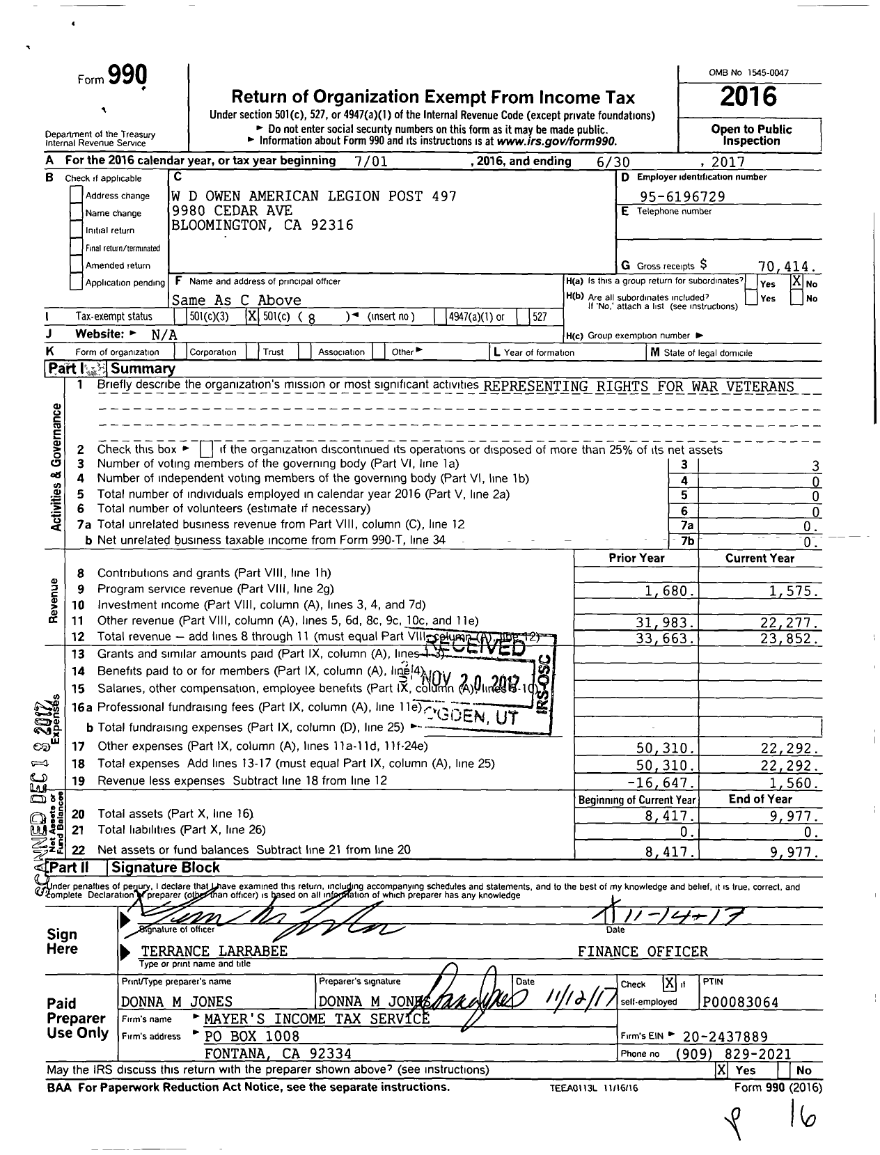 Image of first page of 2016 Form 990O for American Legion - 497 W D Buck Owen Ca Post