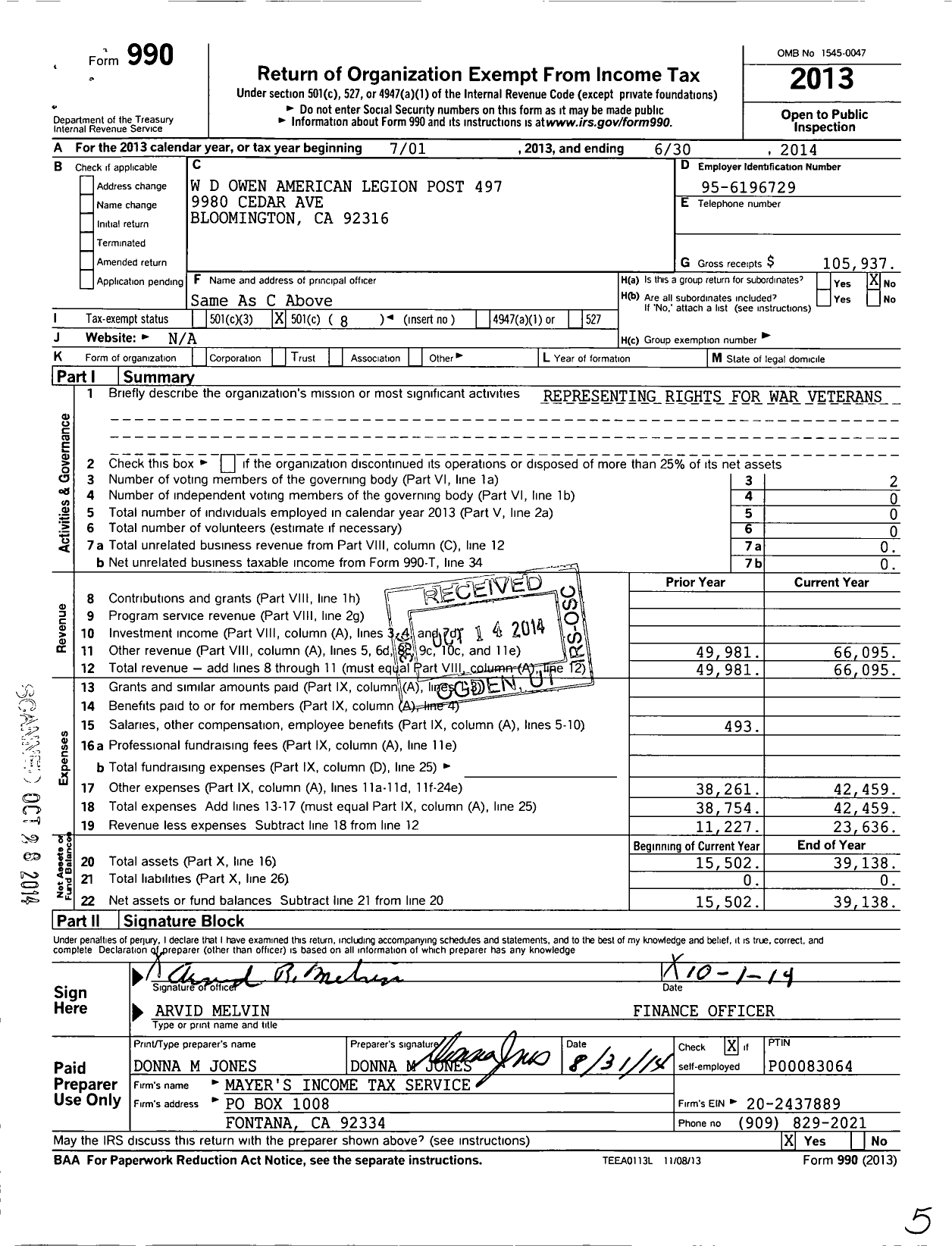 Image of first page of 2013 Form 990O for American Legion - 497 W D Buck Owen Ca Post