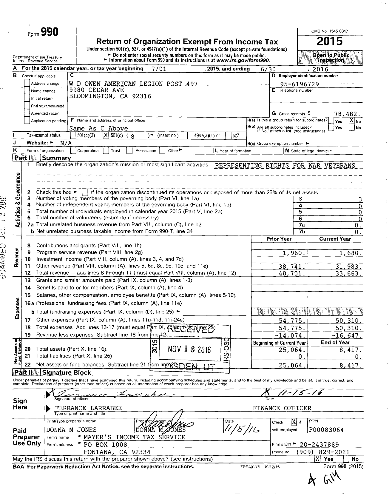 Image of first page of 2015 Form 990O for American Legion - 497 W D Buck Owen Ca Post