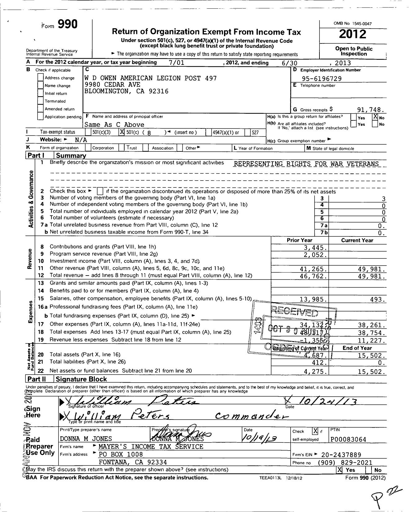 Image of first page of 2012 Form 990O for American Legion - 497 W D Buck Owen Ca Post