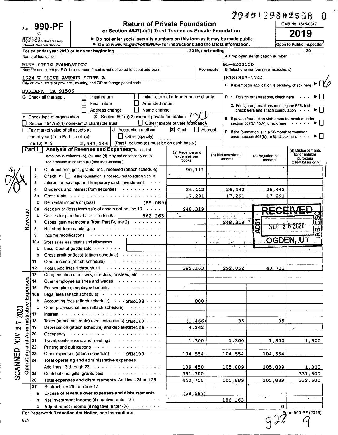 Image of first page of 2019 Form 990PF for Bley Stein Foundation