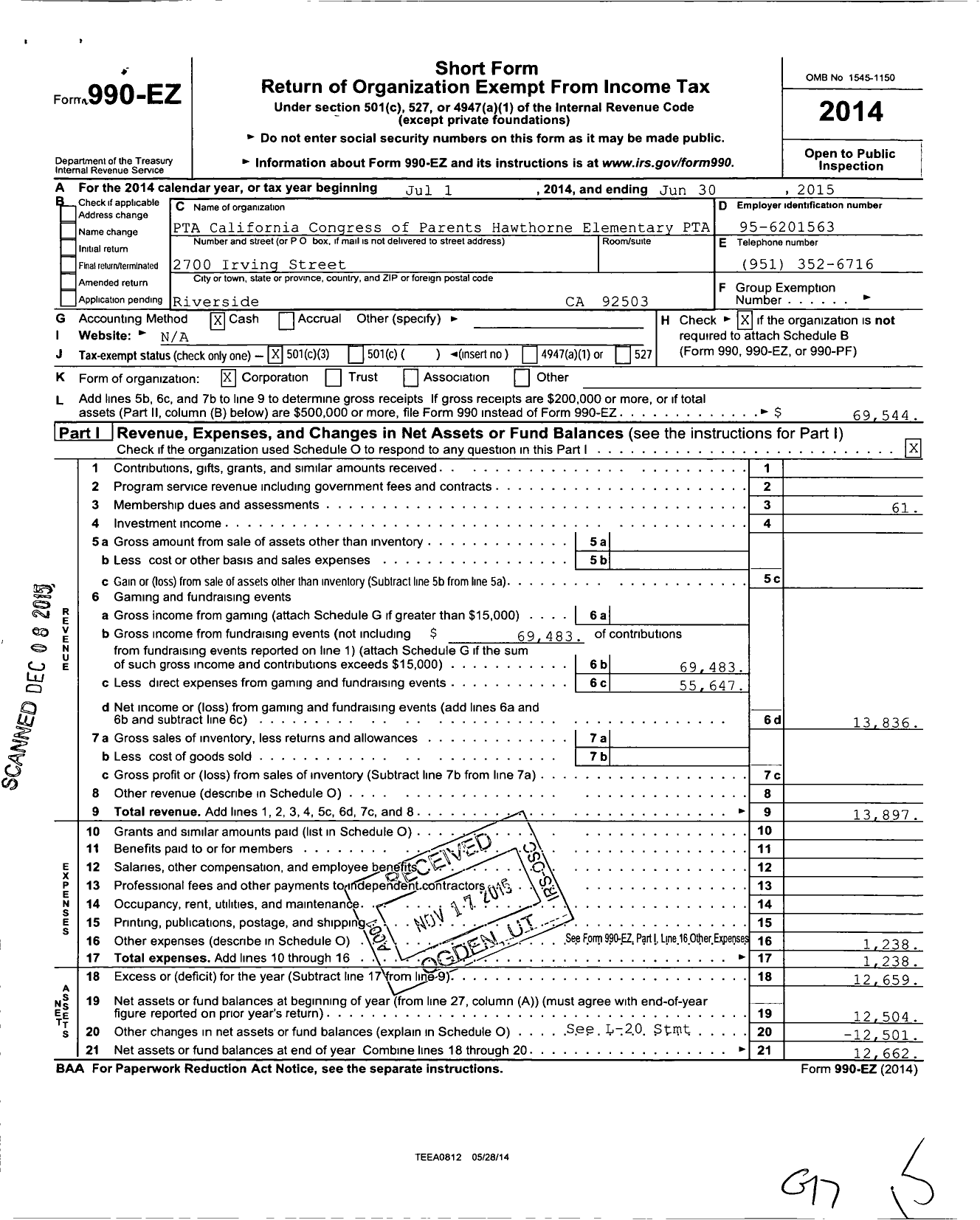 Image of first page of 2014 Form 990EZ for California State PTA - Hawthorne Elementary PTA