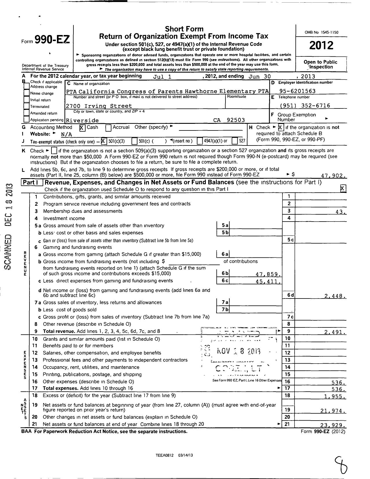 Image of first page of 2012 Form 990EZ for California State PTA - Hawthorne Elementary PTA