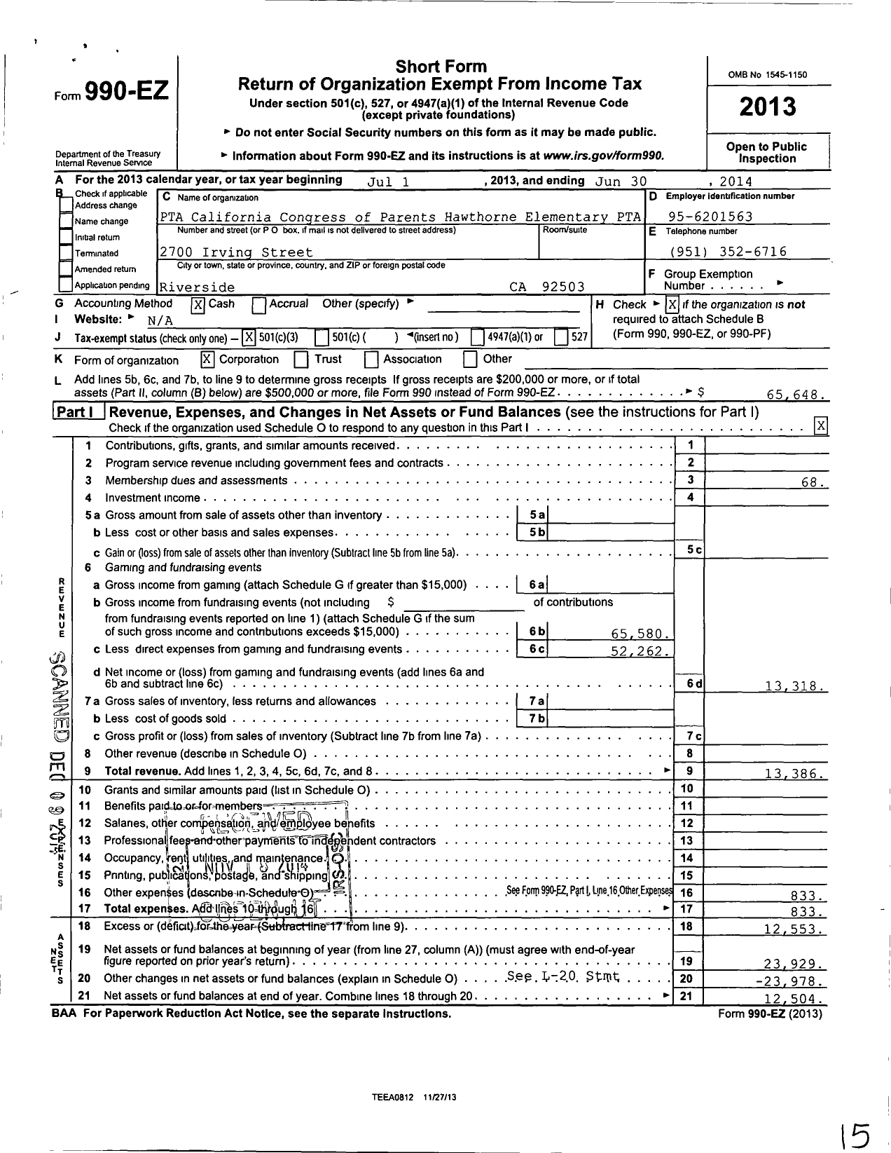 Image of first page of 2013 Form 990EZ for California State PTA - Hawthorne Elementary PTA