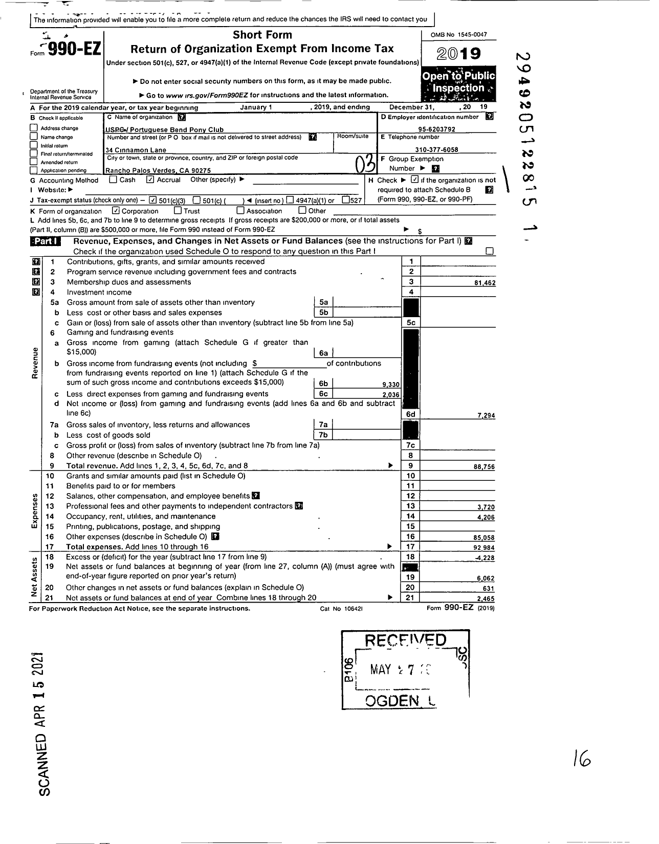 Image of first page of 2019 Form 990EZ for The United States Pony Clubs / Portuguese Bend Pony Club