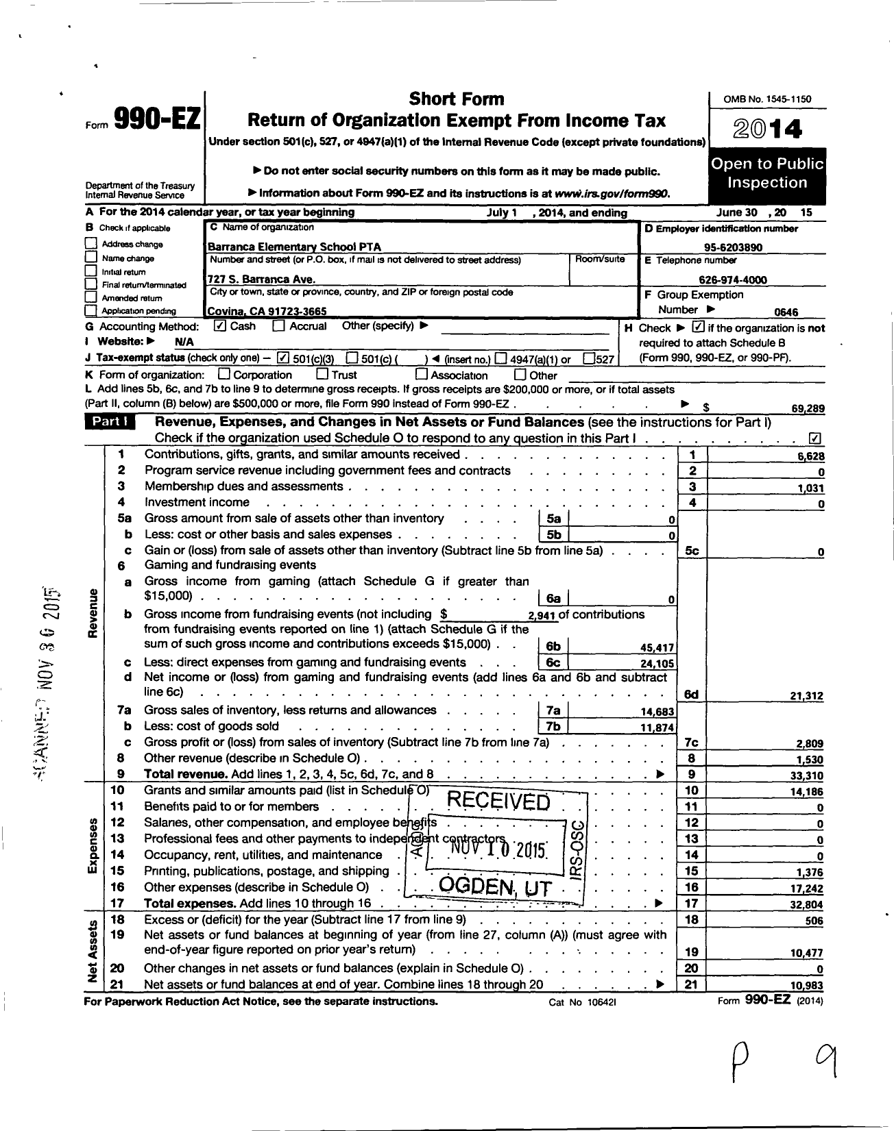 Image of first page of 2014 Form 990EZ for California State PTA - Barranca Elementary PTA