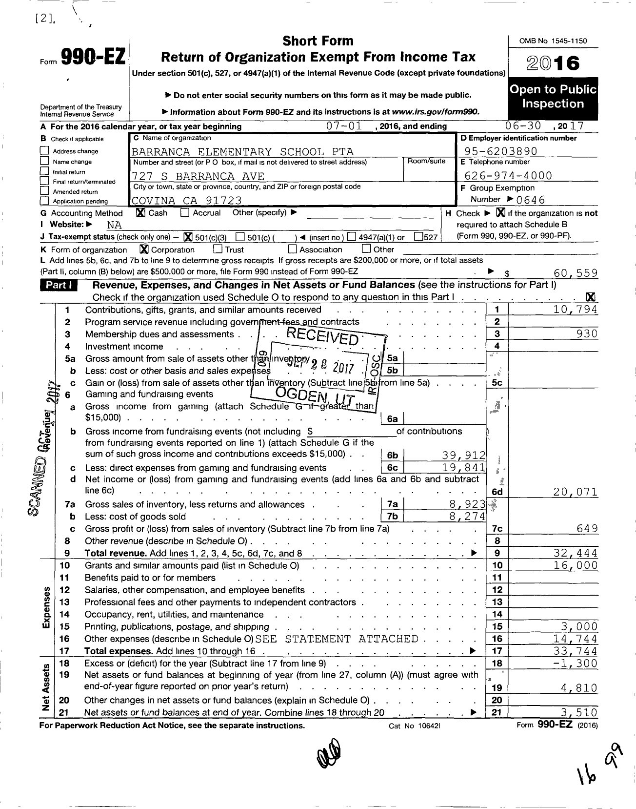 Image of first page of 2016 Form 990EZ for California State PTA - Barranca Elementary PTA