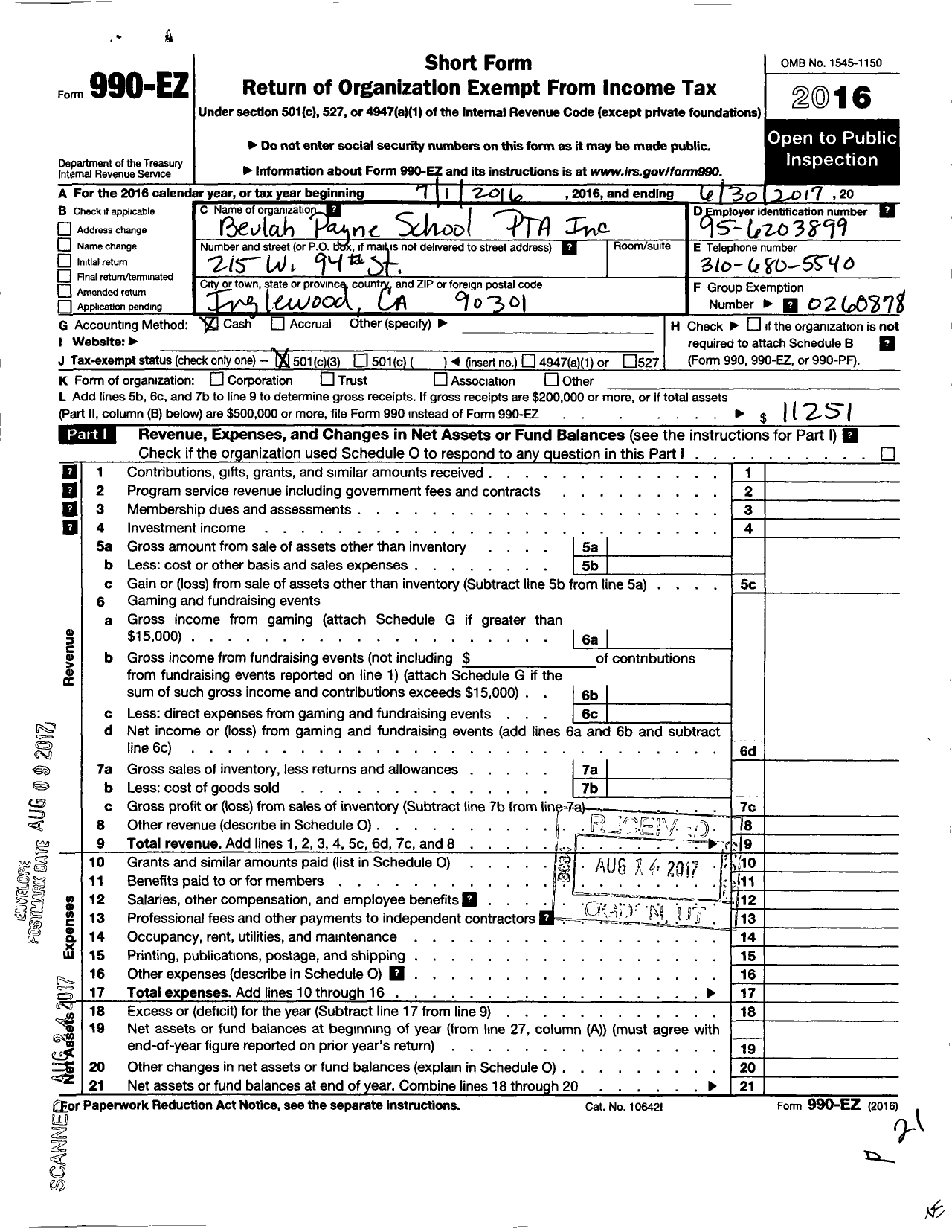 Image of first page of 2016 Form 990EZ for California State PTA - Beulah Payne School PTA