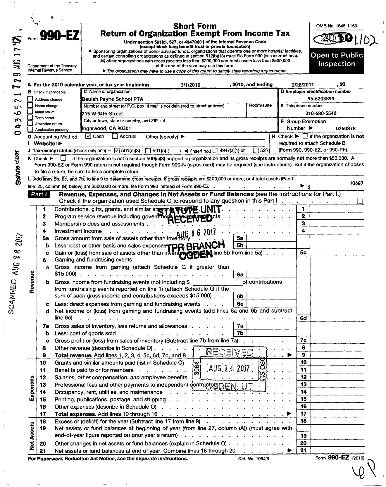 Image of first page of 2010 Form 990EZ for California State PTA - Beulah Payne School PTA