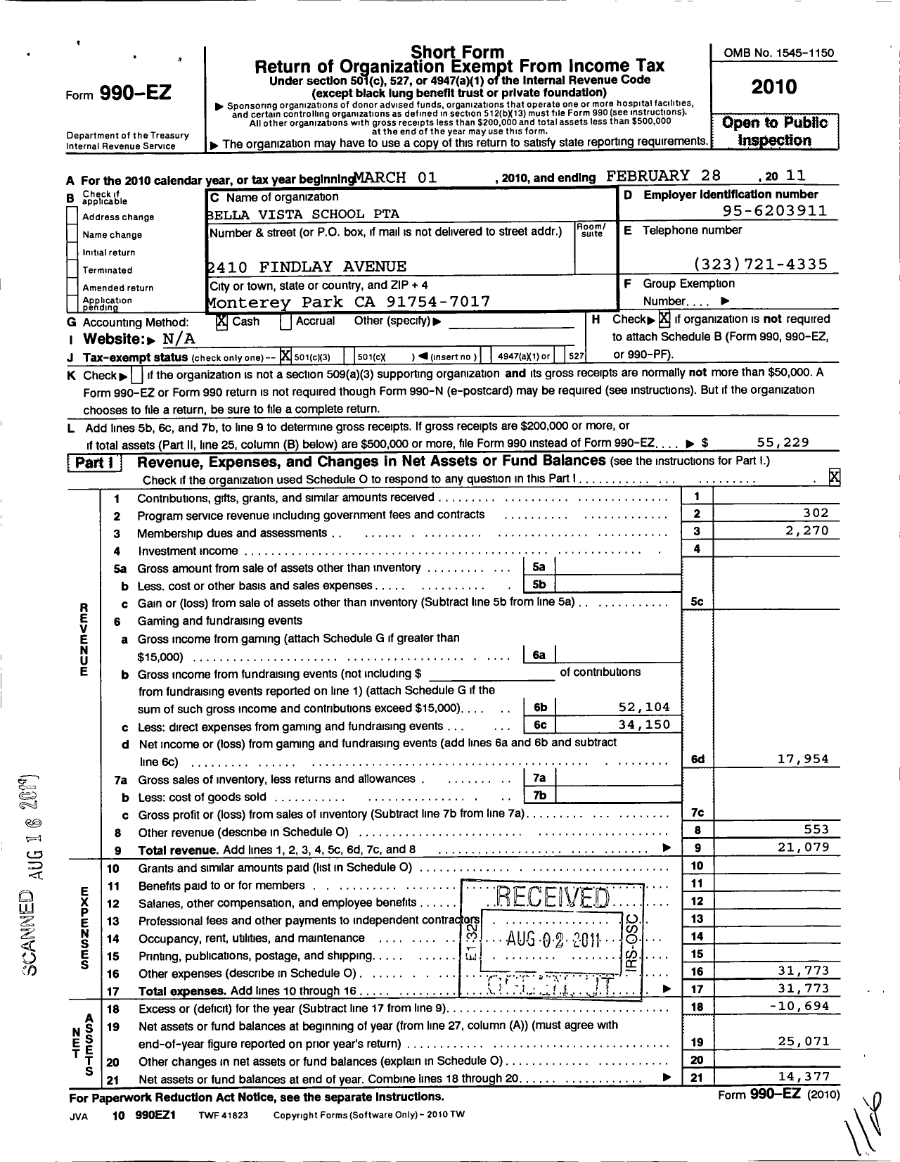 Image of first page of 2010 Form 990EZ for California State PTA - Bella Vista Elementary PTA