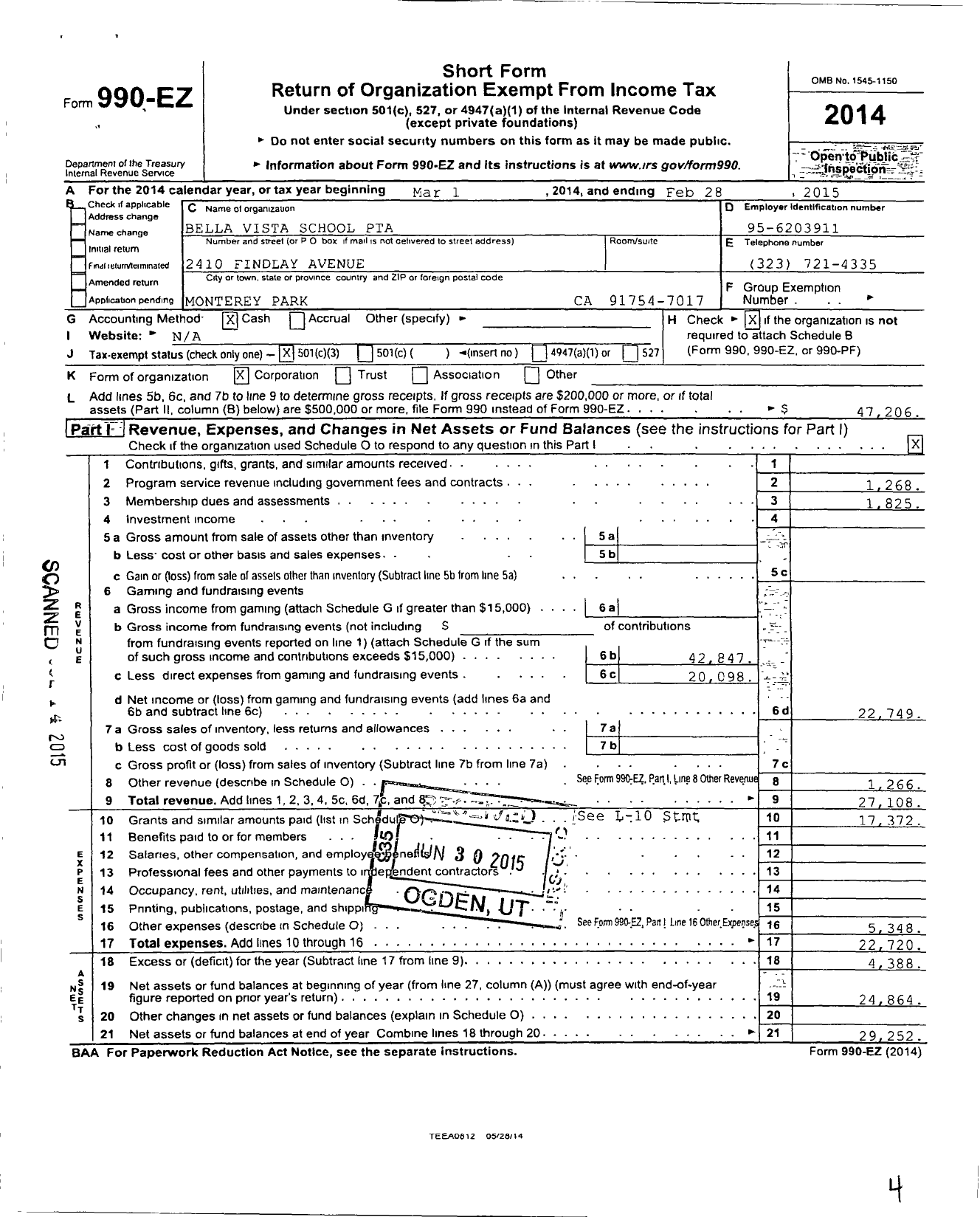 Image of first page of 2014 Form 990EZ for California State PTA - Bella Vista Elementary PTA