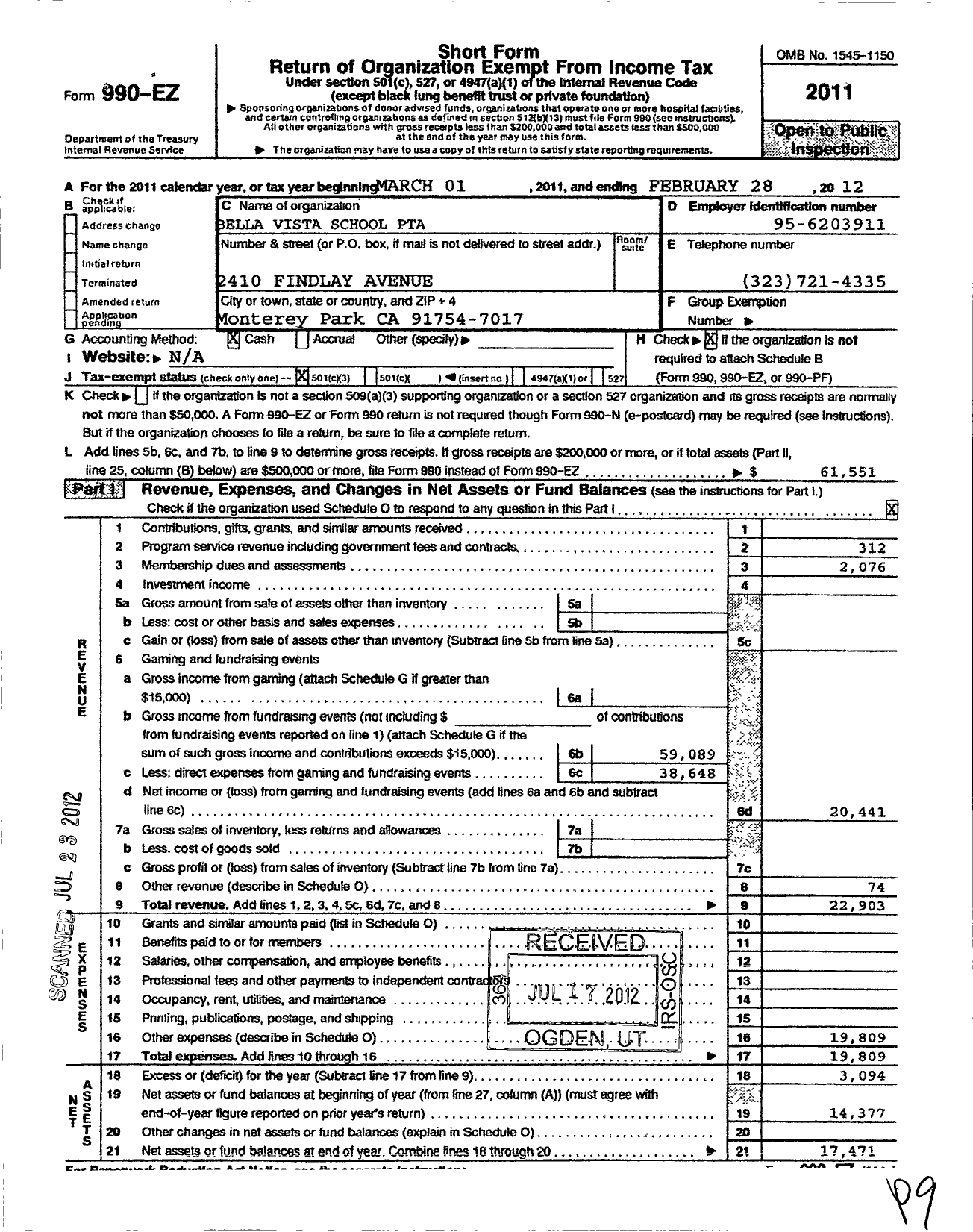 Image of first page of 2011 Form 990EZ for California State PTA - Bella Vista Elementary PTA