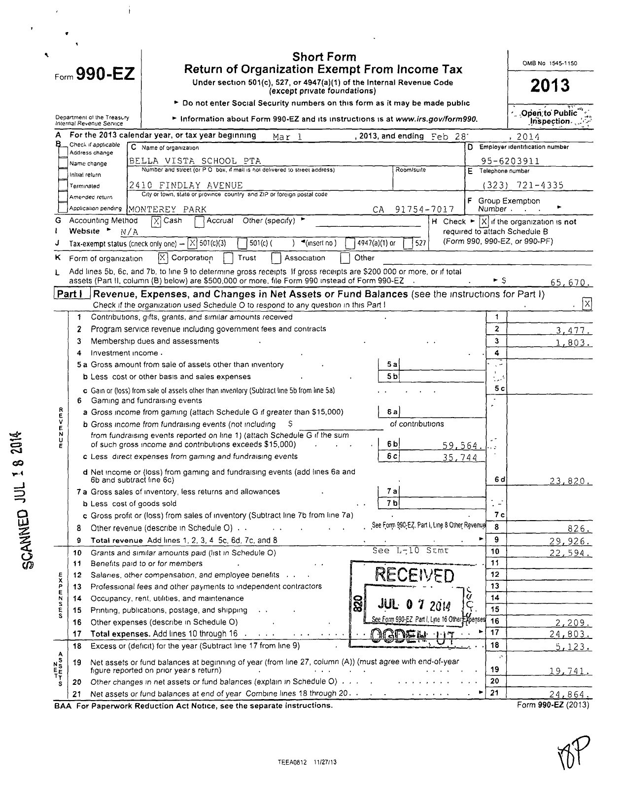 Image of first page of 2013 Form 990EZ for California State PTA - Bella Vista Elementary PTA