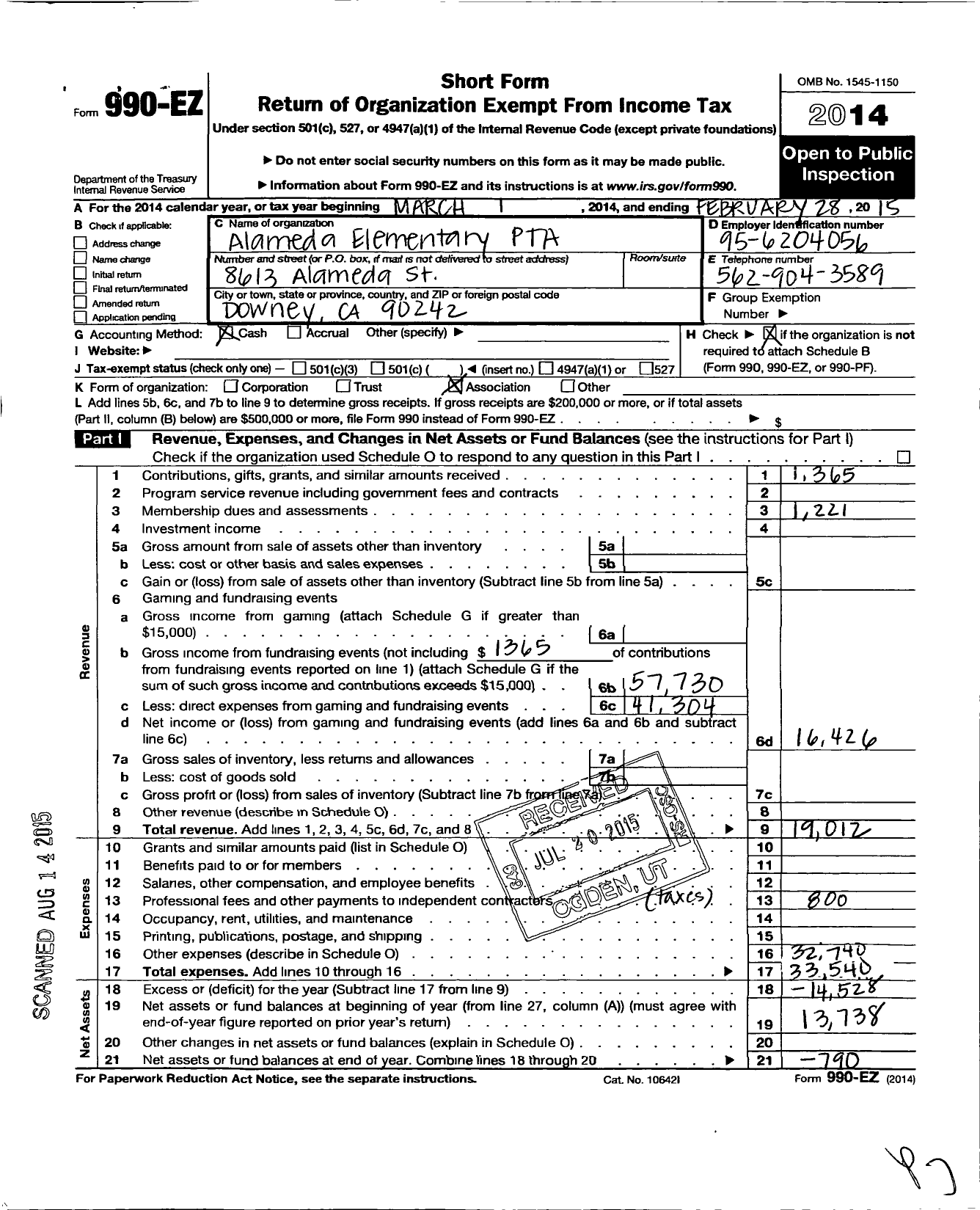 Image of first page of 2014 Form 990EO for California State PTA - Alameda Elementary PTA