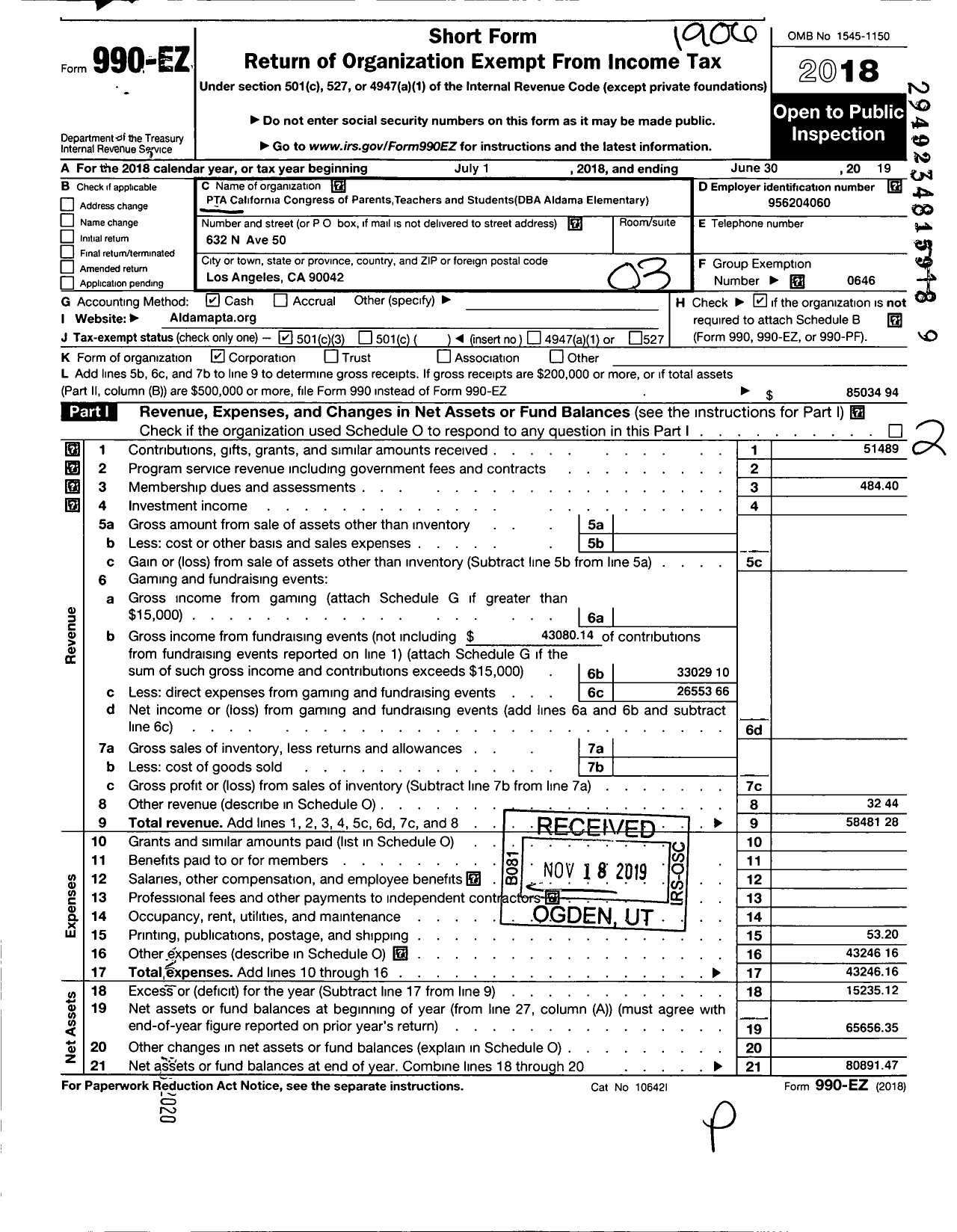 Image of first page of 2018 Form 990EZ for California State PTA - Aldama Elementary PTA