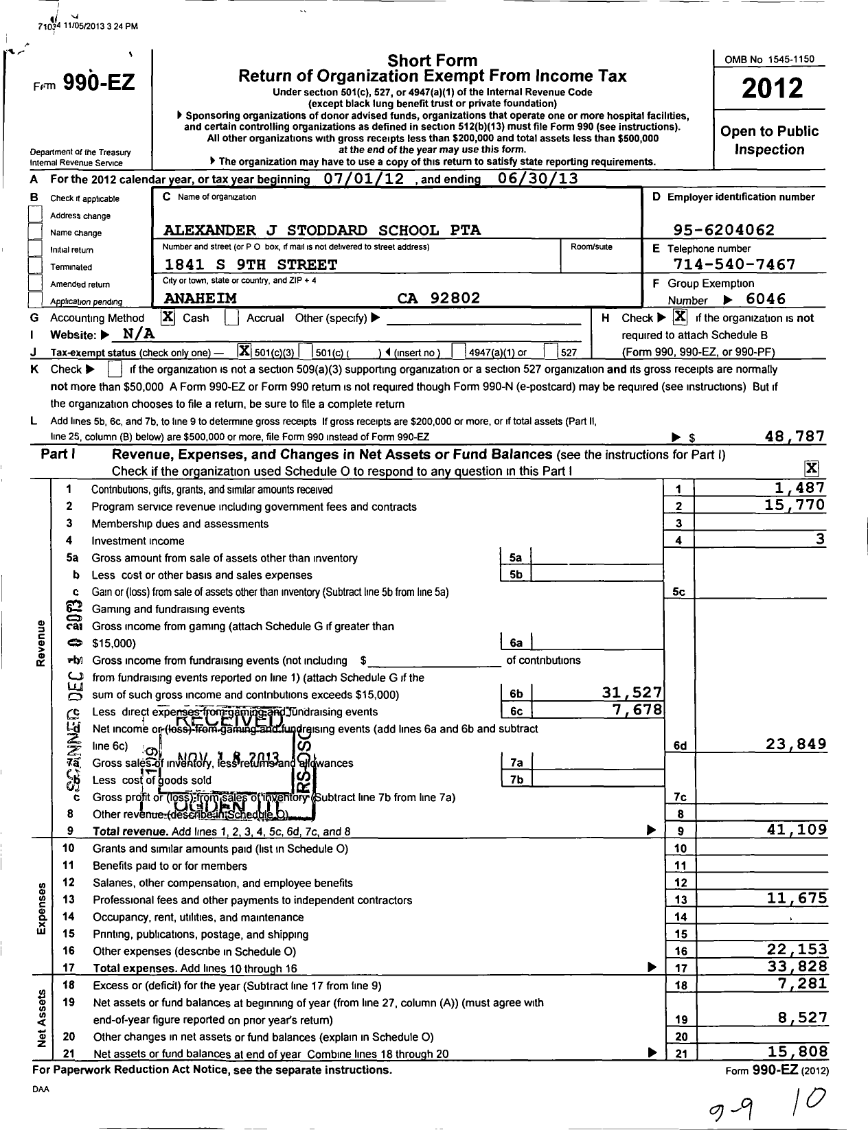 Image of first page of 2012 Form 990EZ for California State PTA - Alexander Stoddard Elementary PTA