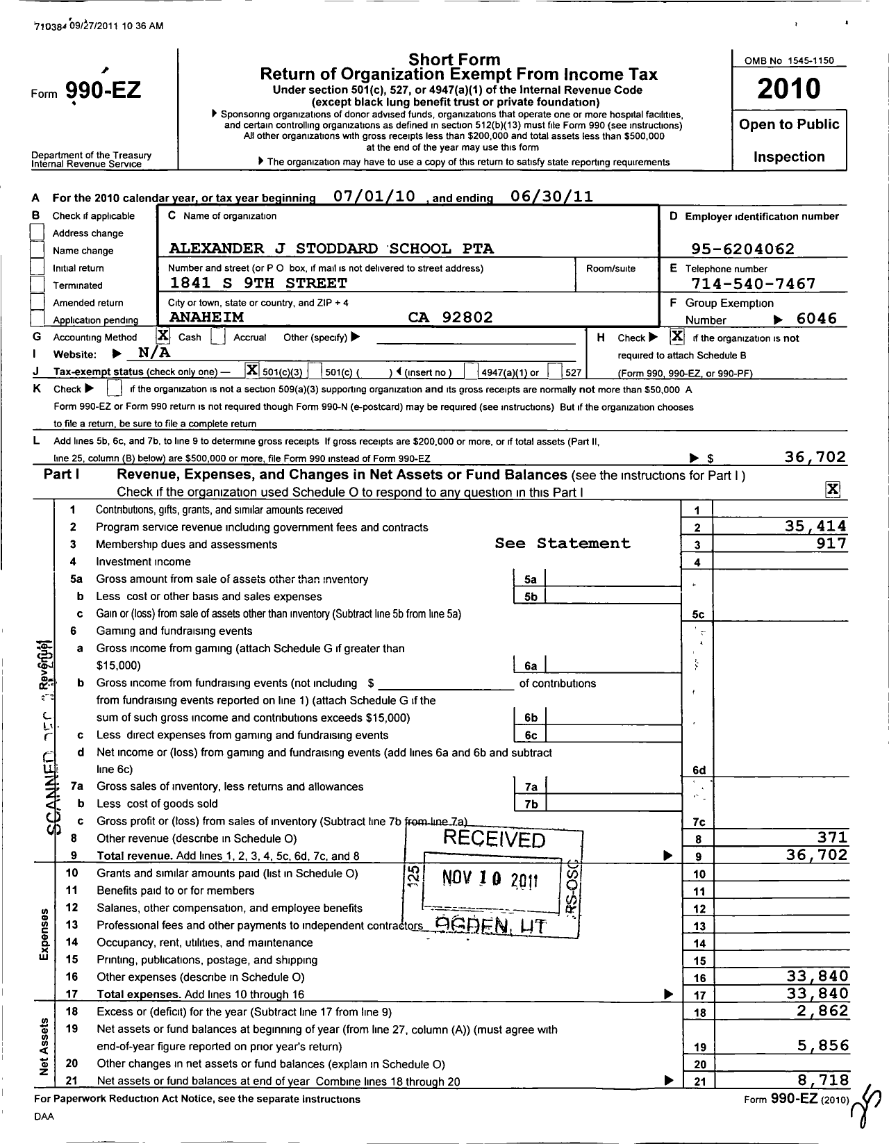 Image of first page of 2010 Form 990EZ for California State PTA - Alexander Stoddard Elementary PTA