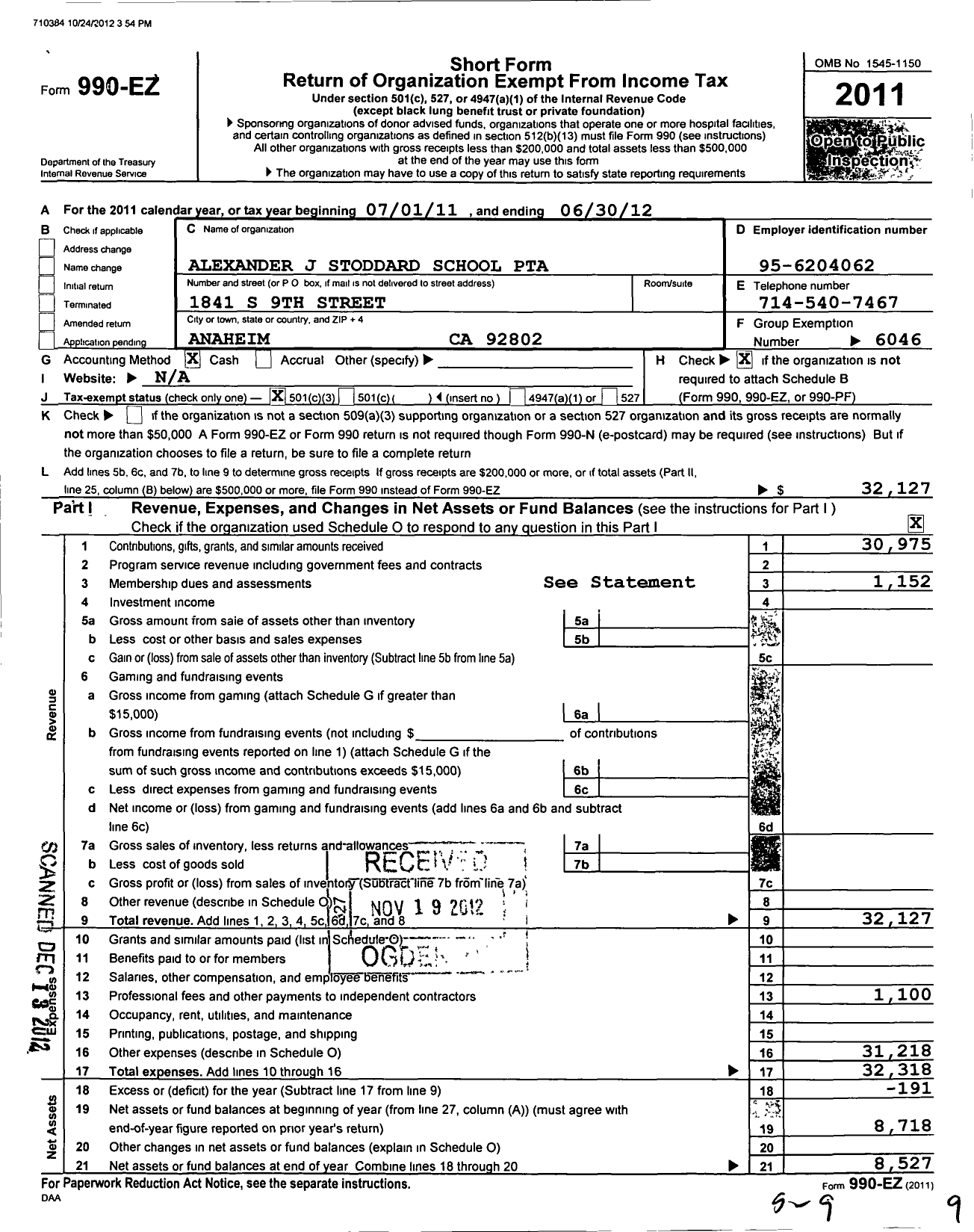 Image of first page of 2011 Form 990EZ for California State PTA - Alexander Stoddard Elementary PTA