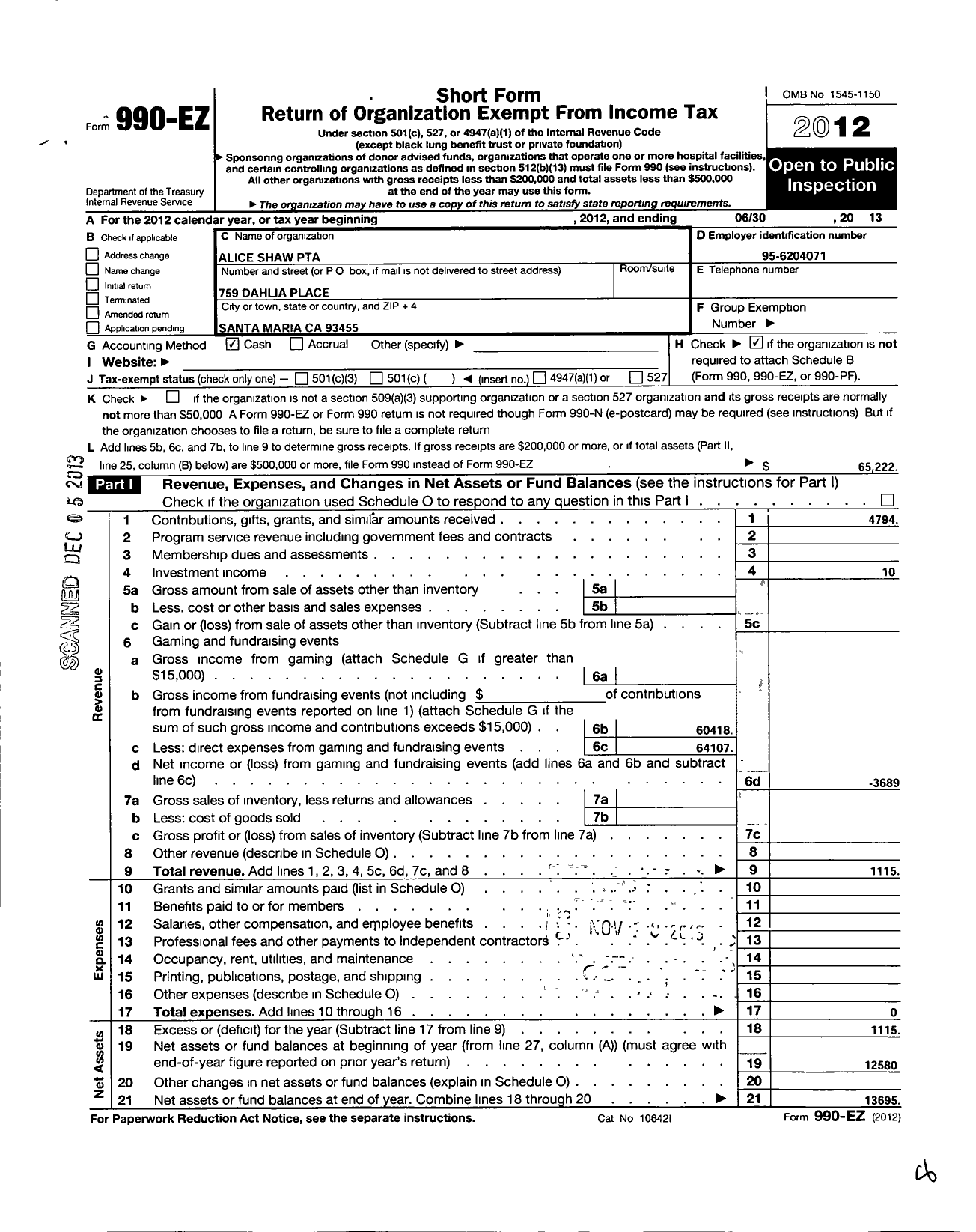 Image of first page of 2012 Form 990EO for California State PTA - Alice Shaw Elementary PTA