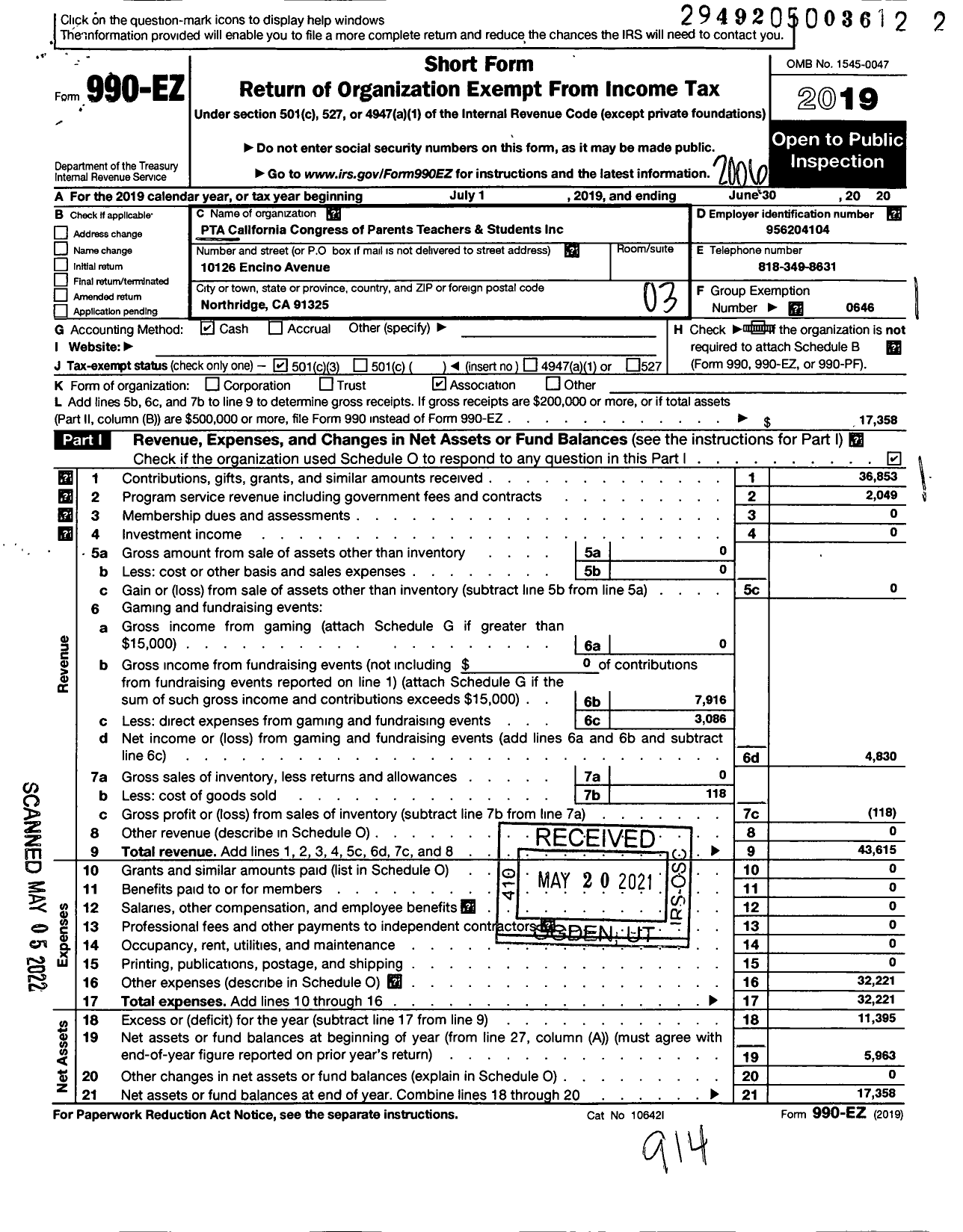 Image of first page of 2019 Form 990EZ for California State PTA - Andasol Avenue Elementary PTA