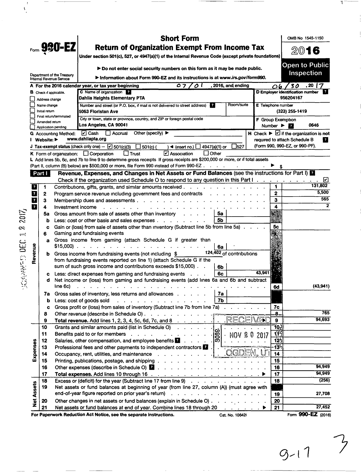 Image of first page of 2016 Form 990EZ for CALIFORNIA State PTA - Dahlia HEIGHTS Elementary PTA
