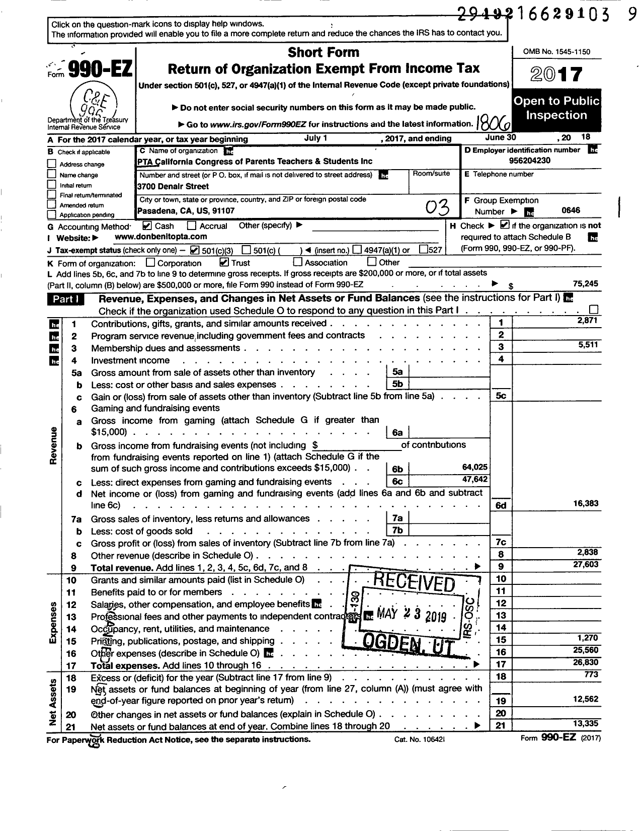 Image of first page of 2017 Form 990EZ for California State PTA - Don Benito Fundamental PTA
