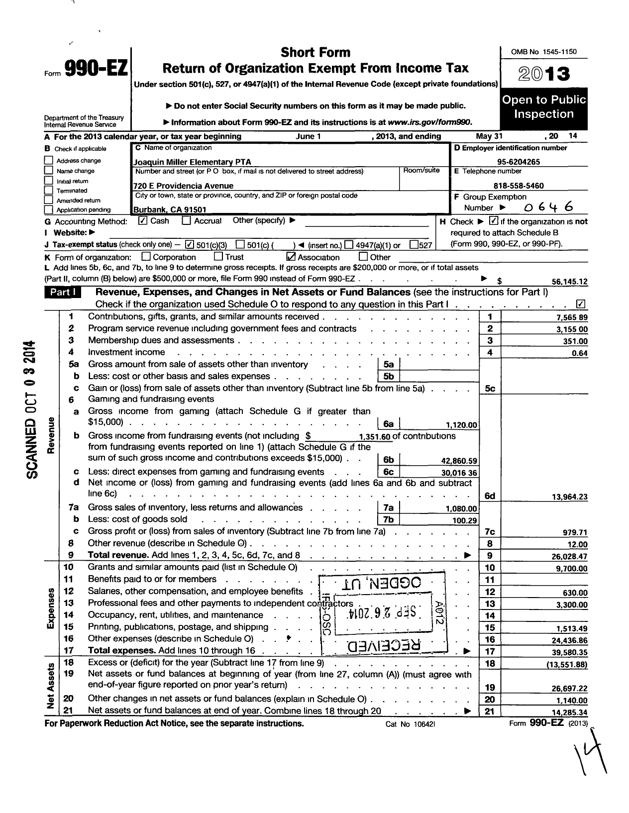 Image of first page of 2013 Form 990EZ for California State PTA - Joaquin Miller Elementary PTA