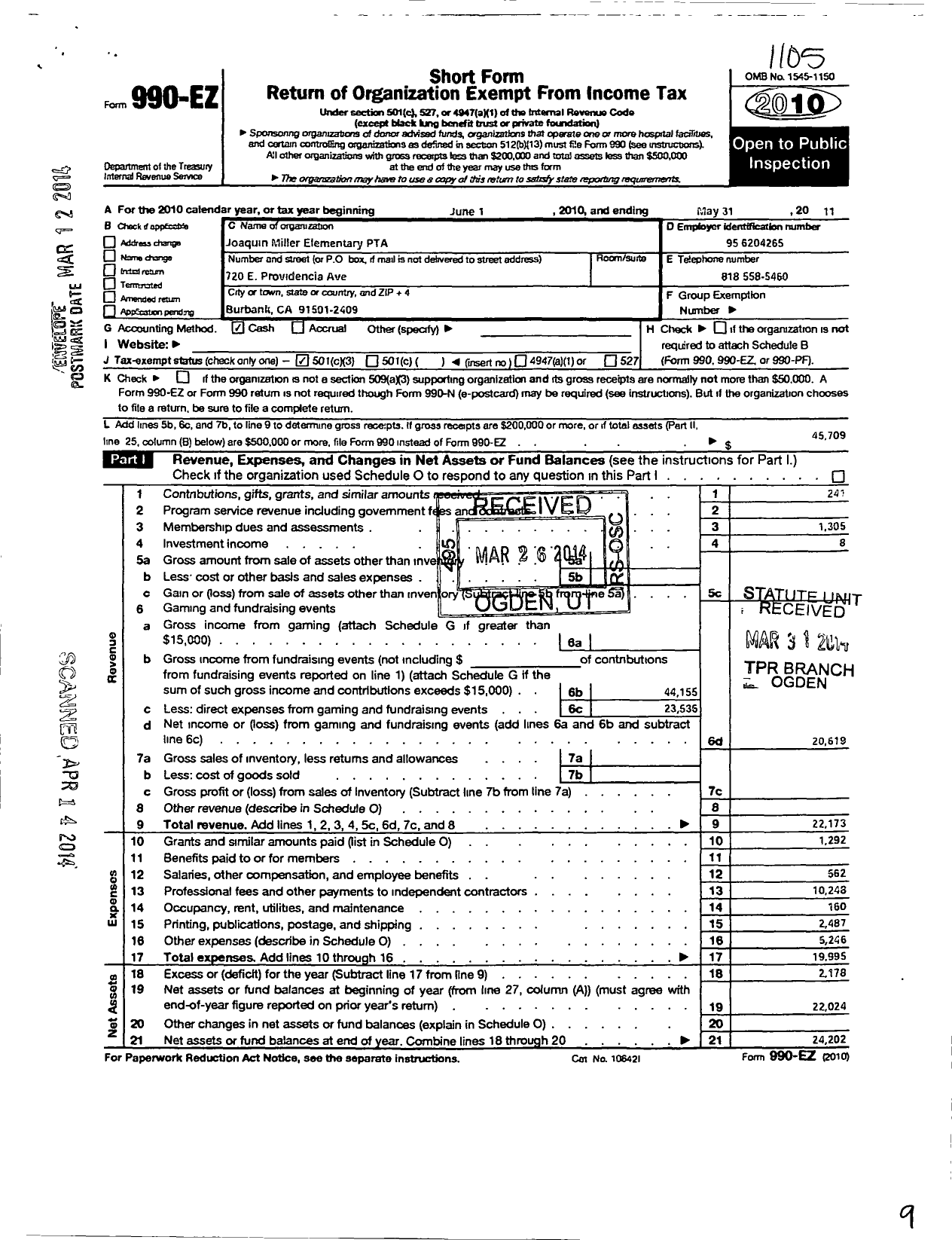 Image of first page of 2010 Form 990EZ for California State PTA - Joaquin Miller Elementary PTA