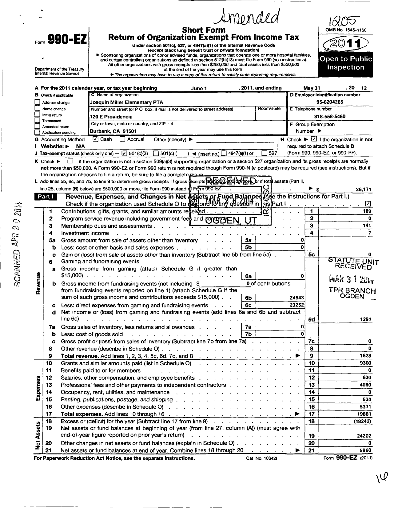 Image of first page of 2011 Form 990EZ for California State PTA - Joaquin Miller Elementary PTA