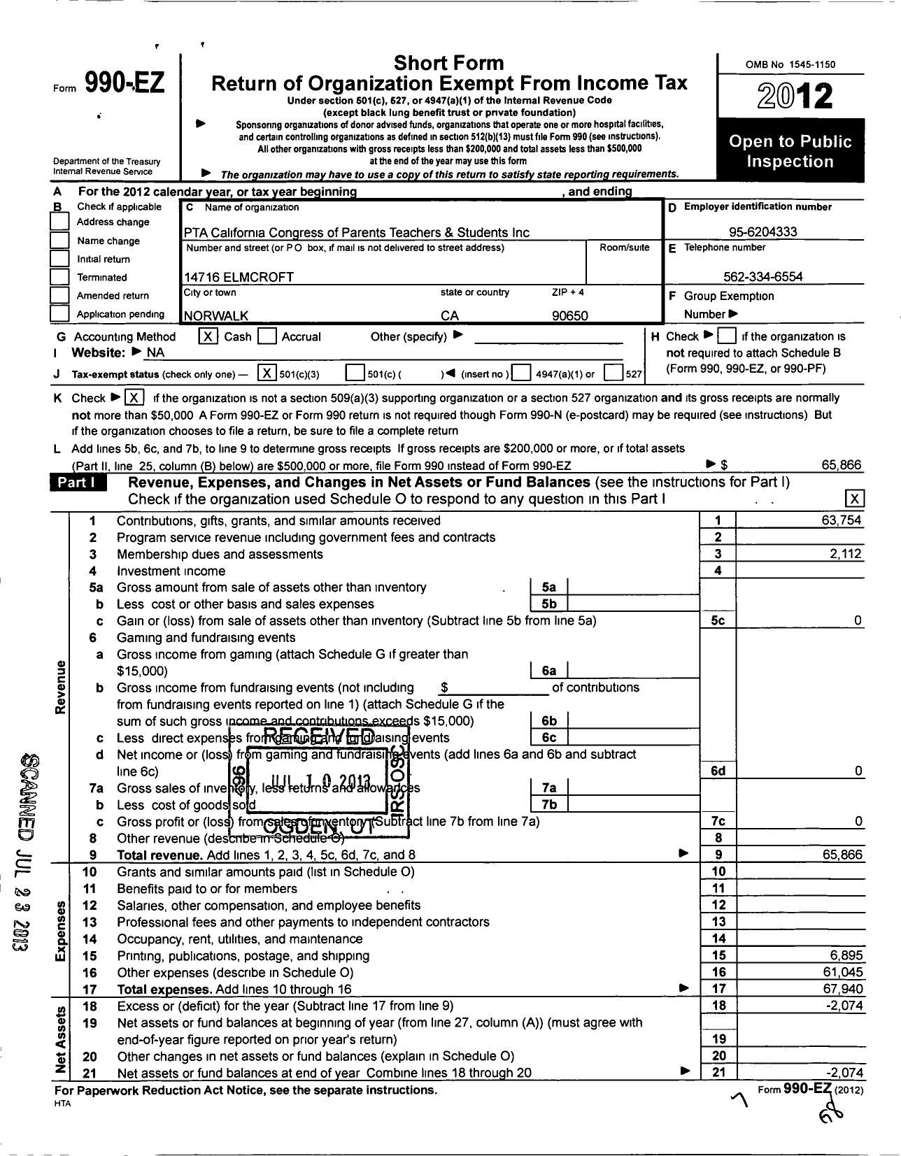 Image of first page of 2012 Form 990EZ for California State PTA - Loretta Lampton Elementary PTA