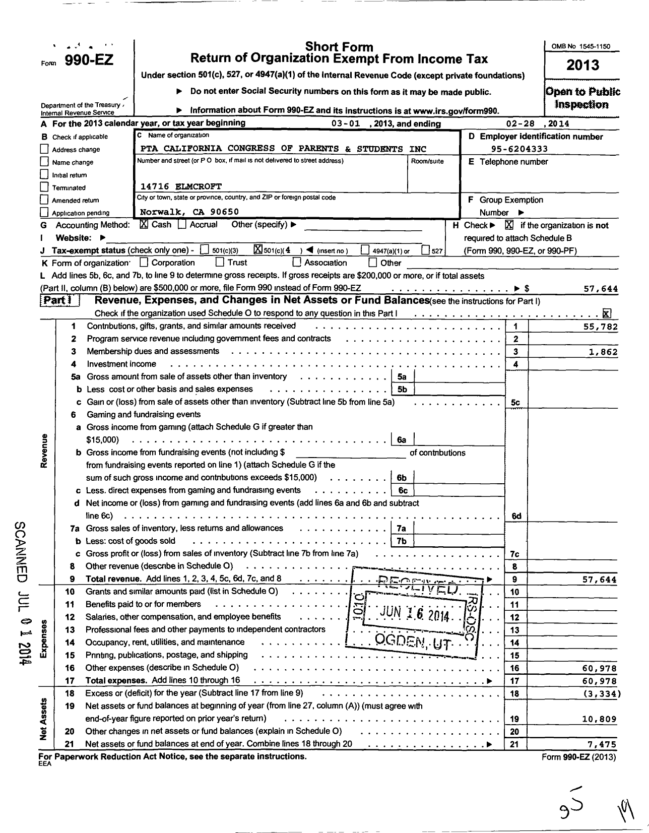 Image of first page of 2013 Form 990EO for California State PTA - Loretta Lampton Elementary PTA