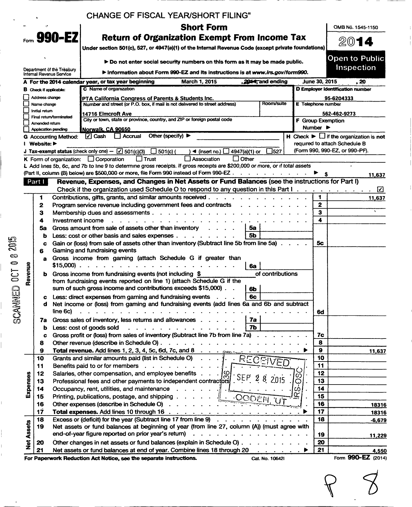 Image of first page of 2014 Form 990EZ for California State PTA - Loretta Lampton Elementary PTA