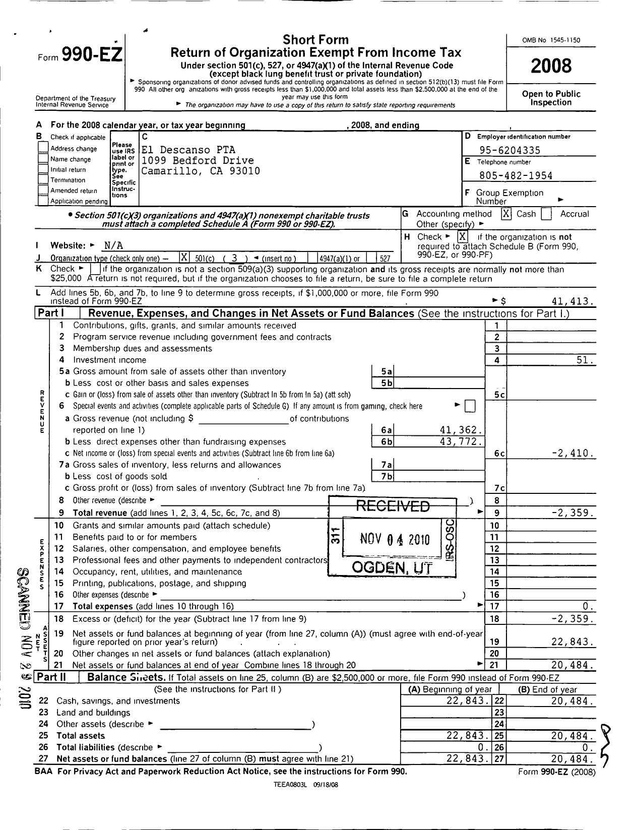 Image of first page of 2008 Form 990EZ for California State PTA - Pleasant Vly SCHL of Engr & Arts PT