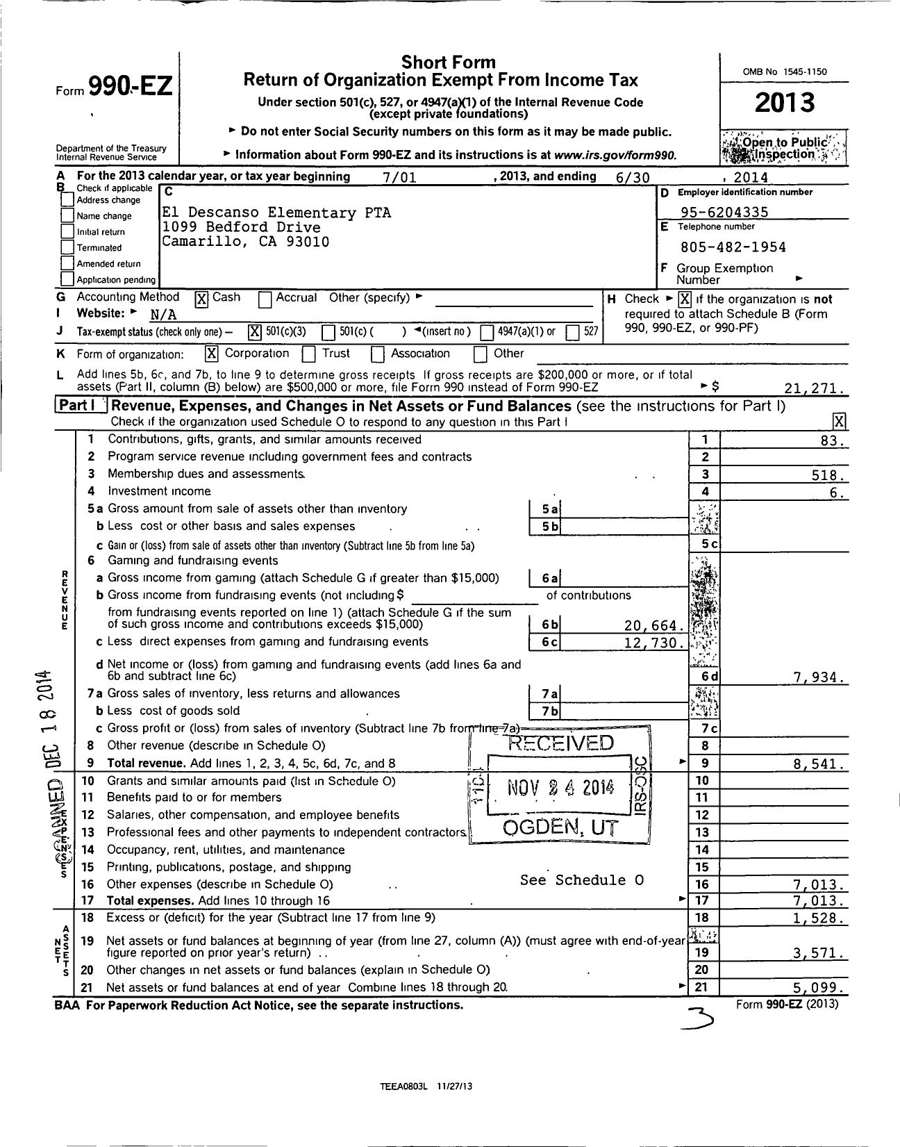 Image of first page of 2013 Form 990EZ for California State PTA - Pleasant Vly SCHL of Engr & Arts PT