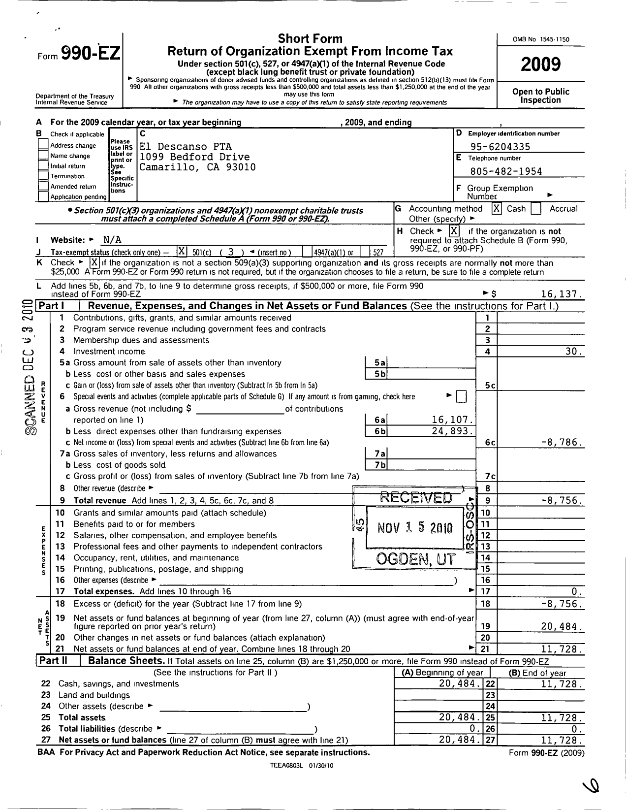 Image of first page of 2009 Form 990EZ for California State PTA - Pleasant Vly SCHL of Engr & Arts PT