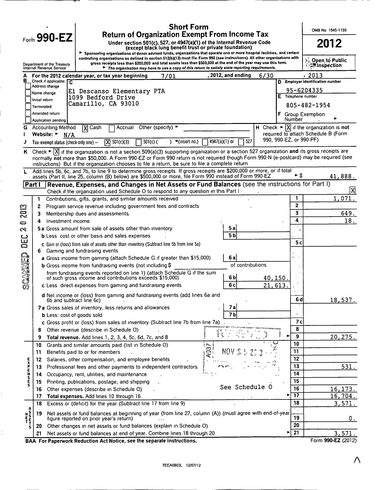 Image of first page of 2012 Form 990EZ for California State PTA - Pleasant Vly SCHL of Engr & Arts PT