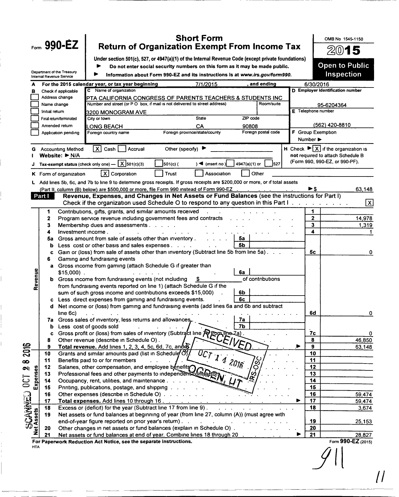 Image of first page of 2015 Form 990EZ for California State PTA - Elwood P Cubberley Elementary PTA