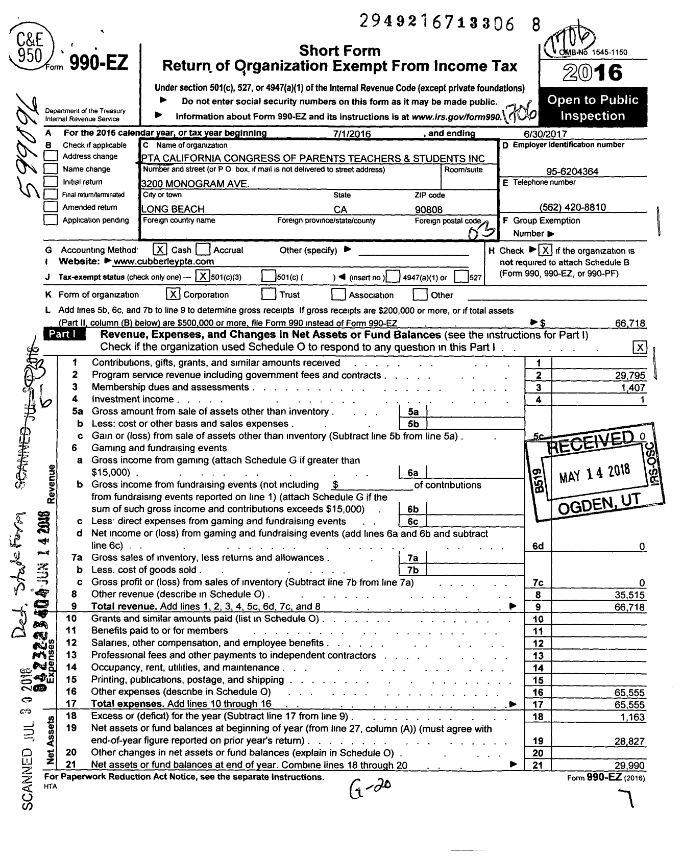 Image of first page of 2016 Form 990EZ for California State PTA - Elwood P Cubberley Elementary PTA