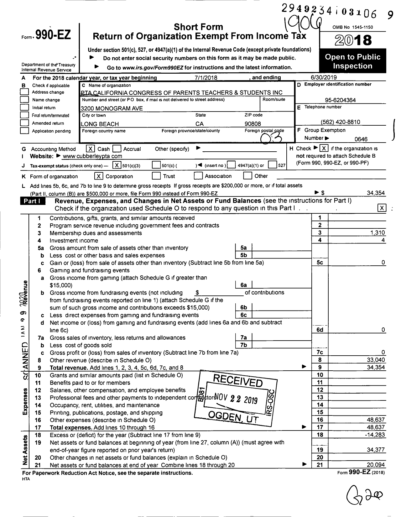 Image of first page of 2018 Form 990EZ for California State PTA - Elwood P Cubberley Elementary PTA