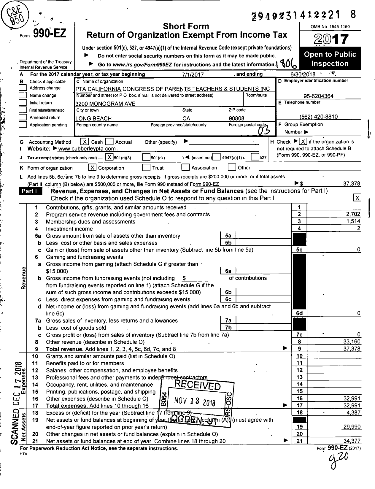 Image of first page of 2017 Form 990EZ for California State PTA - Elwood P Cubberley Elementary PTA