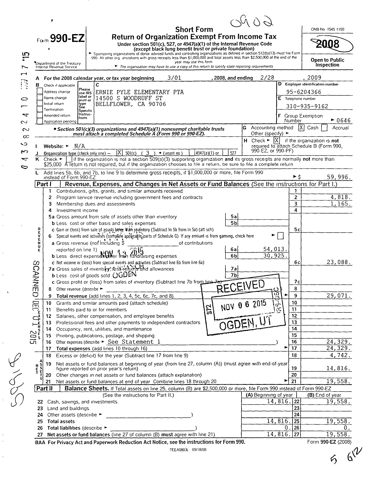 Image of first page of 2008 Form 990EZ for California State PTA - Ernie Pyle Elementary School PTA