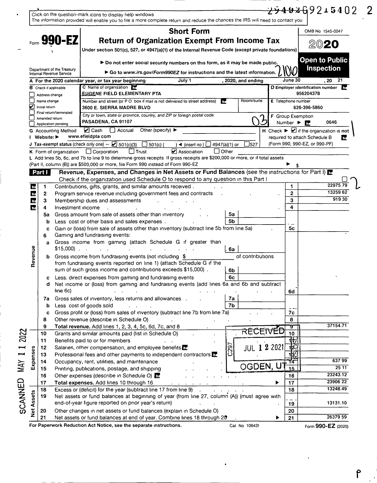 Image of first page of 2020 Form 990EZ for California State PTA - Eugene Field Elementary PTA