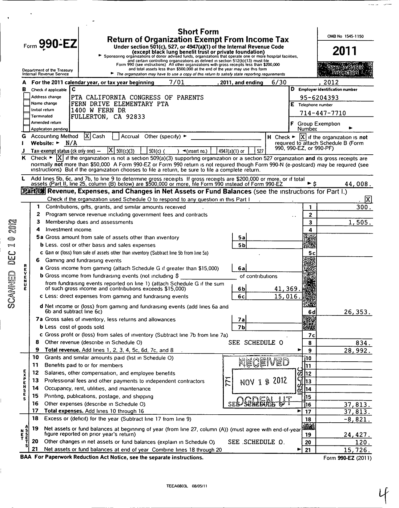 Image of first page of 2011 Form 990EZ for California State PTA - Fern Drive Elementary PTA