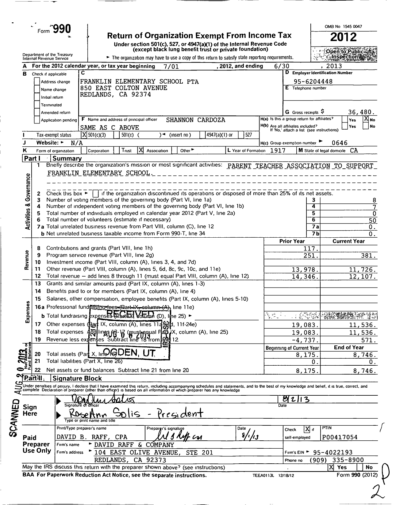 Image of first page of 2012 Form 990 for California State PTA - Franklin Elementary PTA