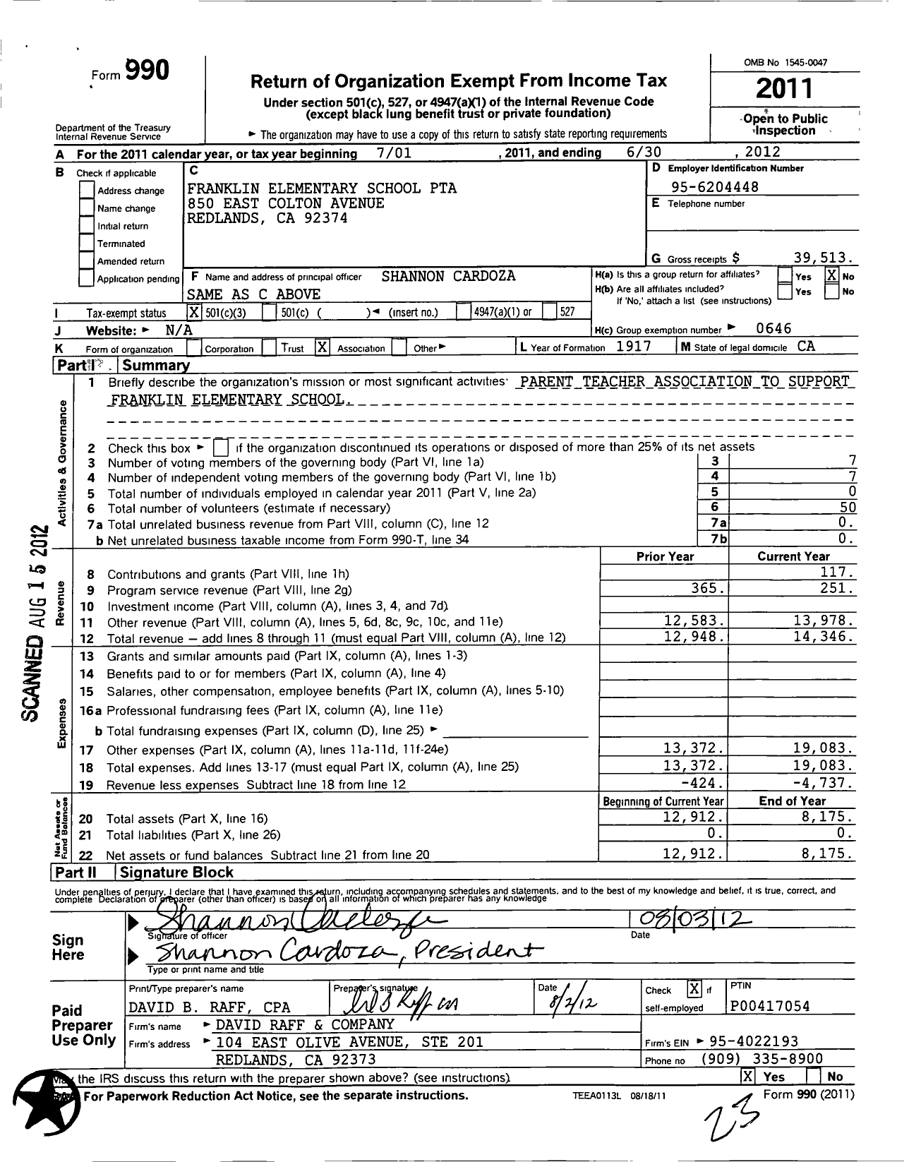 Image of first page of 2011 Form 990 for California State PTA - Franklin Elementary PTA