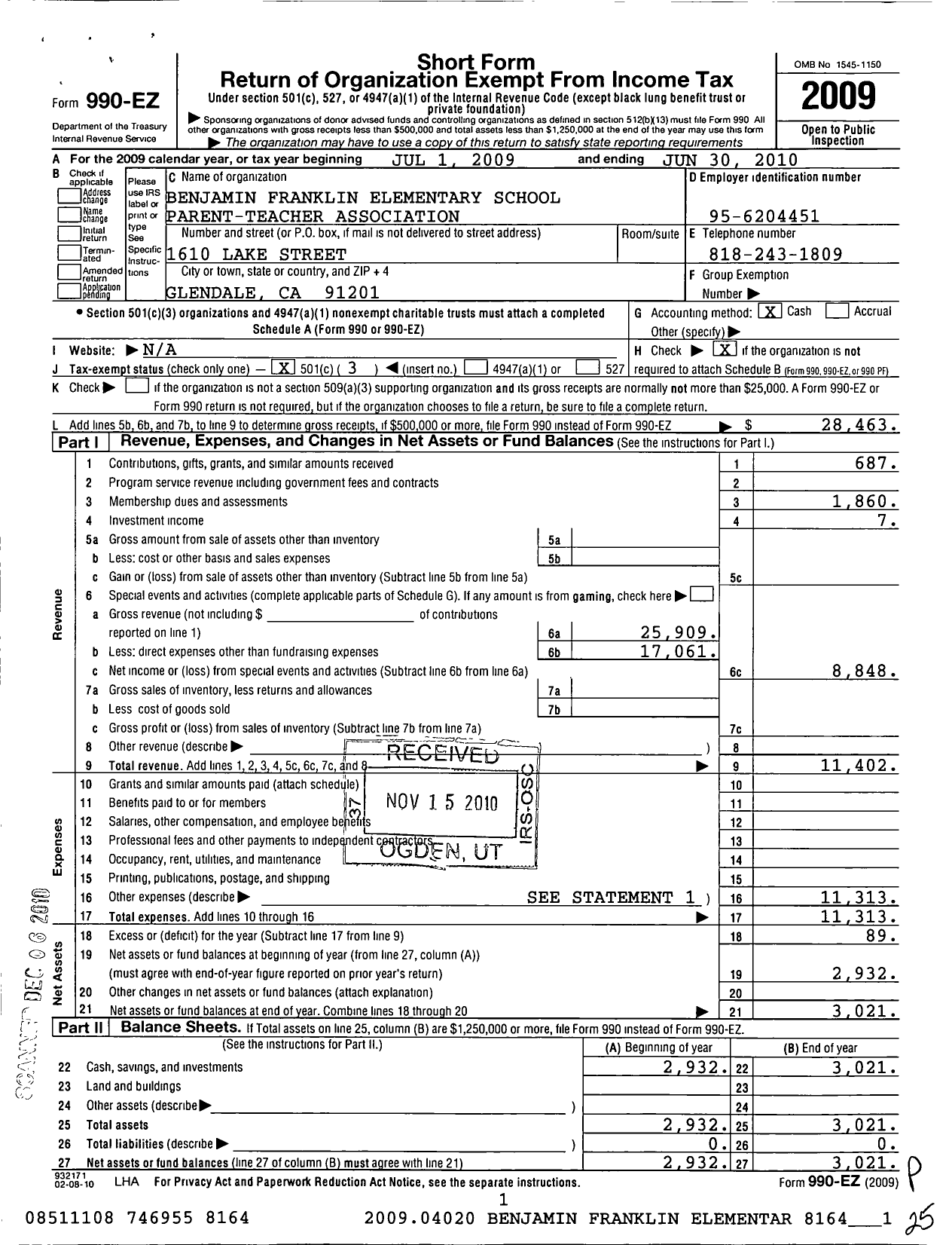 Image of first page of 2009 Form 990EZ for California State PTA - Benjamin Franklin Elementary PTA in