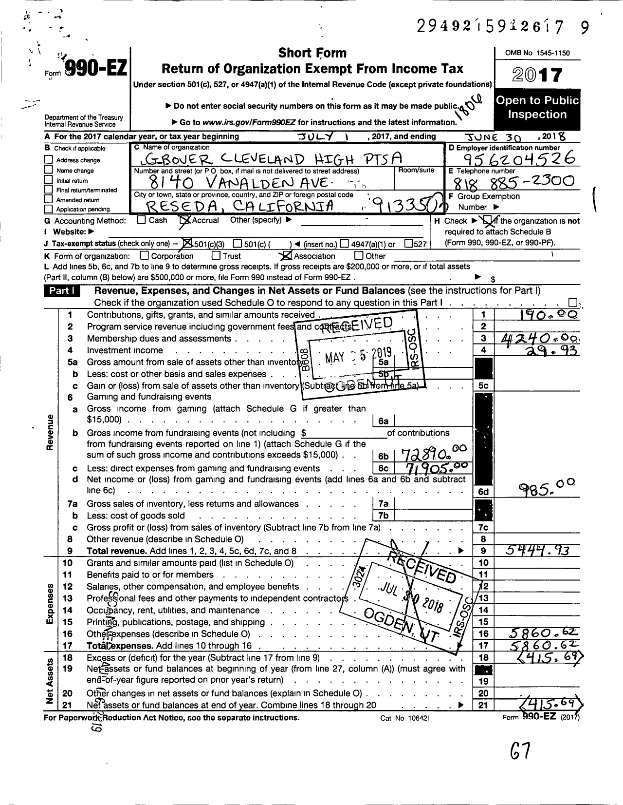 Image of first page of 2017 Form 990EZ for California State PTA - Grover Cleveland High Ptsa