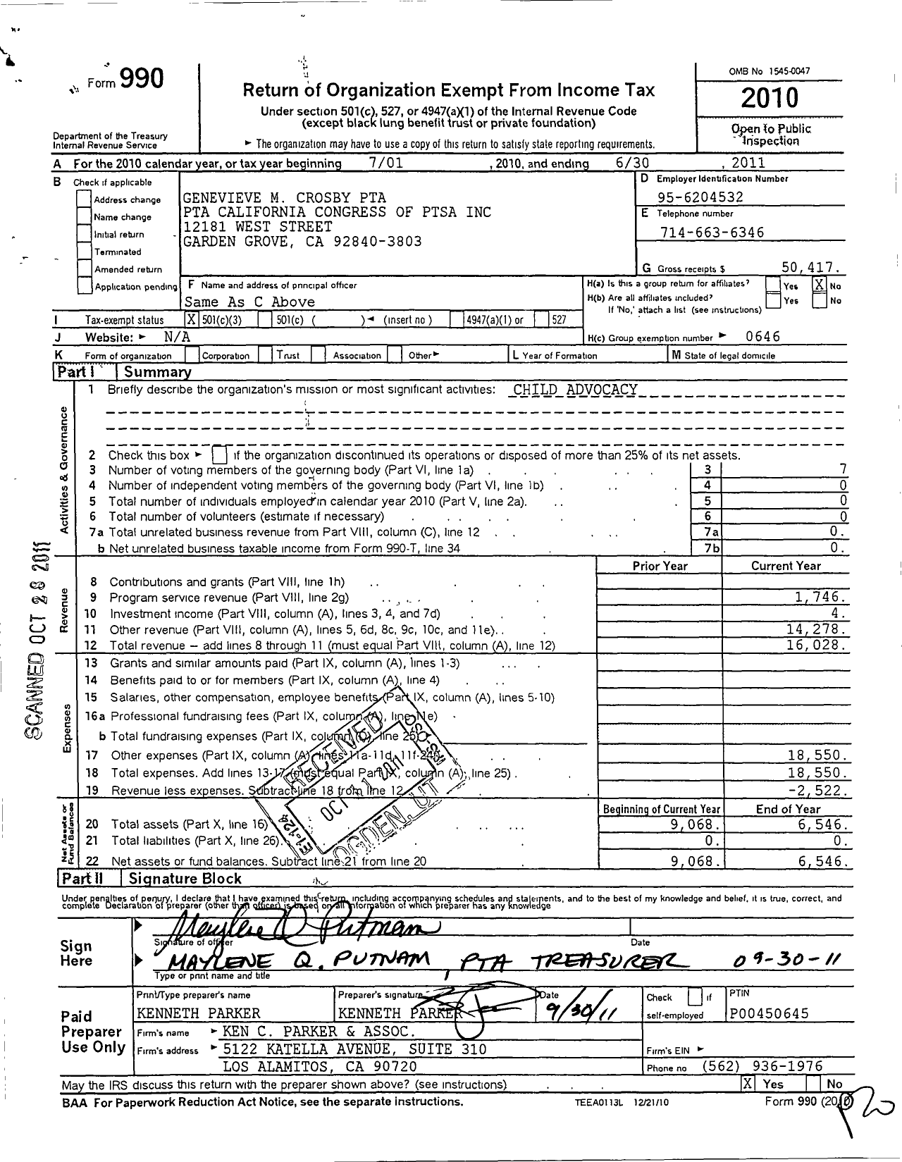 Image of first page of 2010 Form 990 for California State PTA - 639 Genevieve M Crosby Elementary P