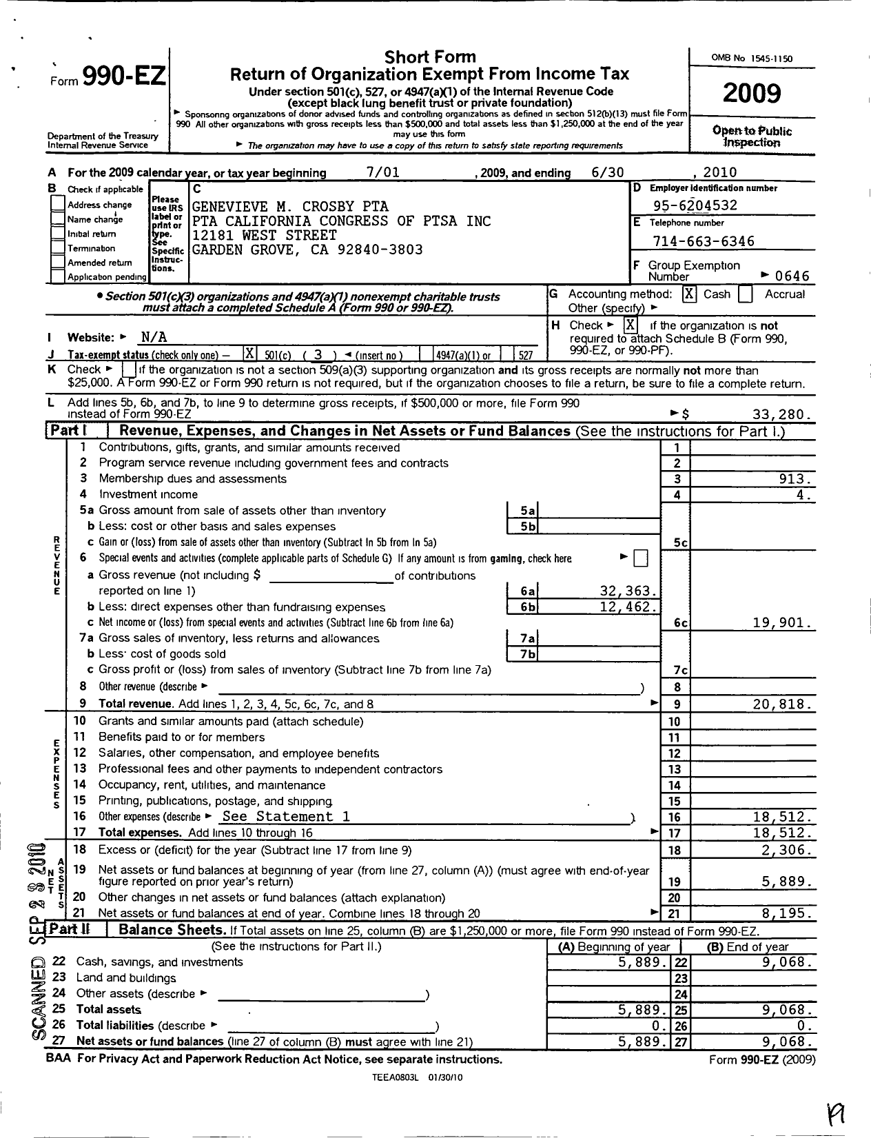 Image of first page of 2009 Form 990EZ for California State PTA - 639 Genevieve M Crosby Elementary P