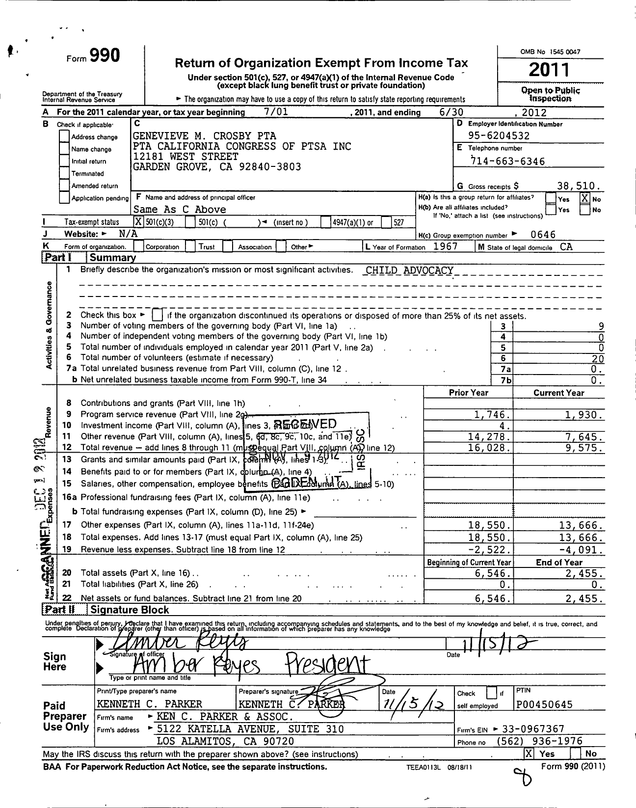 Image of first page of 2011 Form 990 for California State PTA - 639 Genevieve M Crosby Elementary P